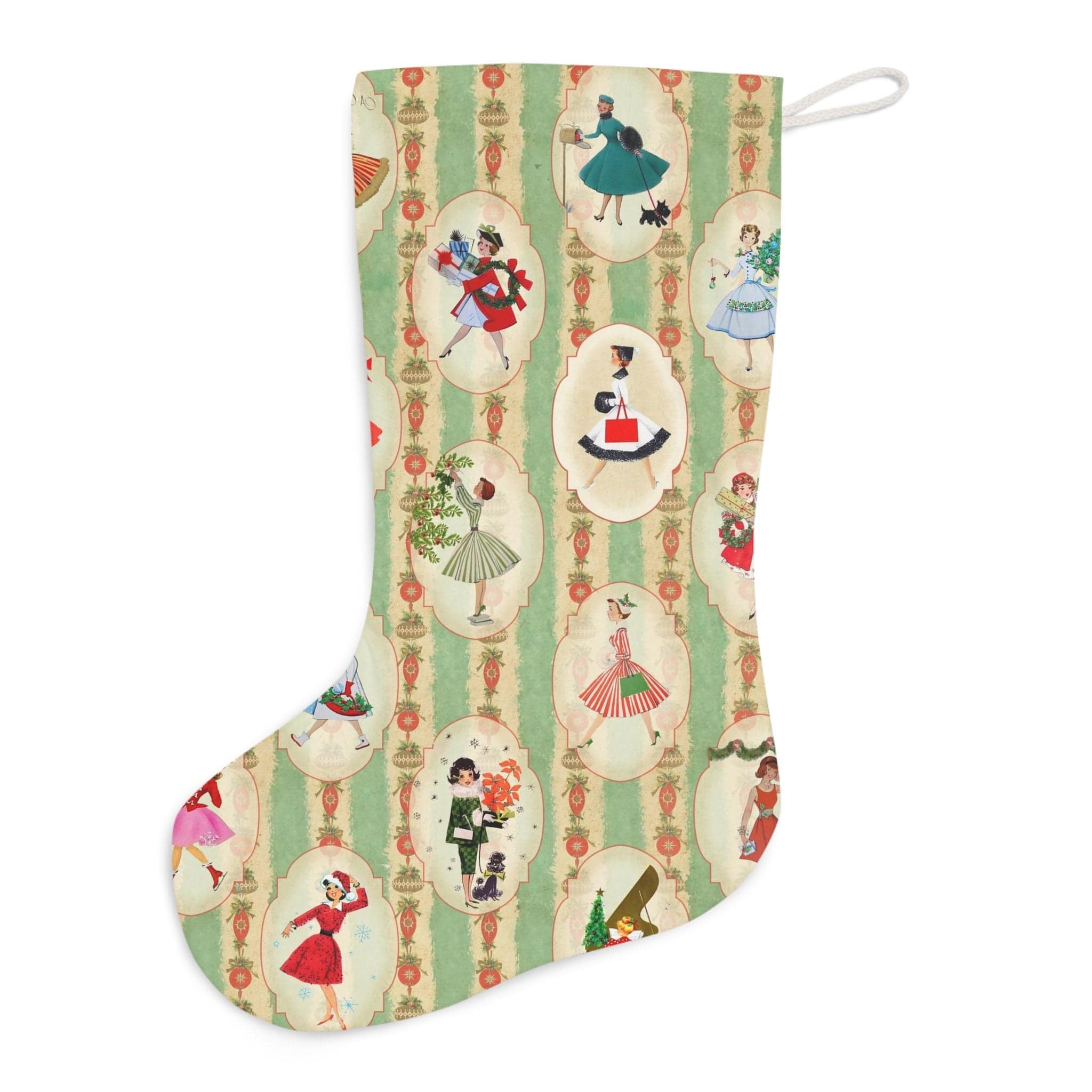 Kate McEnroe New York Vintage 1950s Christmas Stockings, Mid Century Modern Retro Green, Red, Women, Housewives in Christmas Setting Holiday Decor - KM13579723Holiday Stockings11012746711415640049