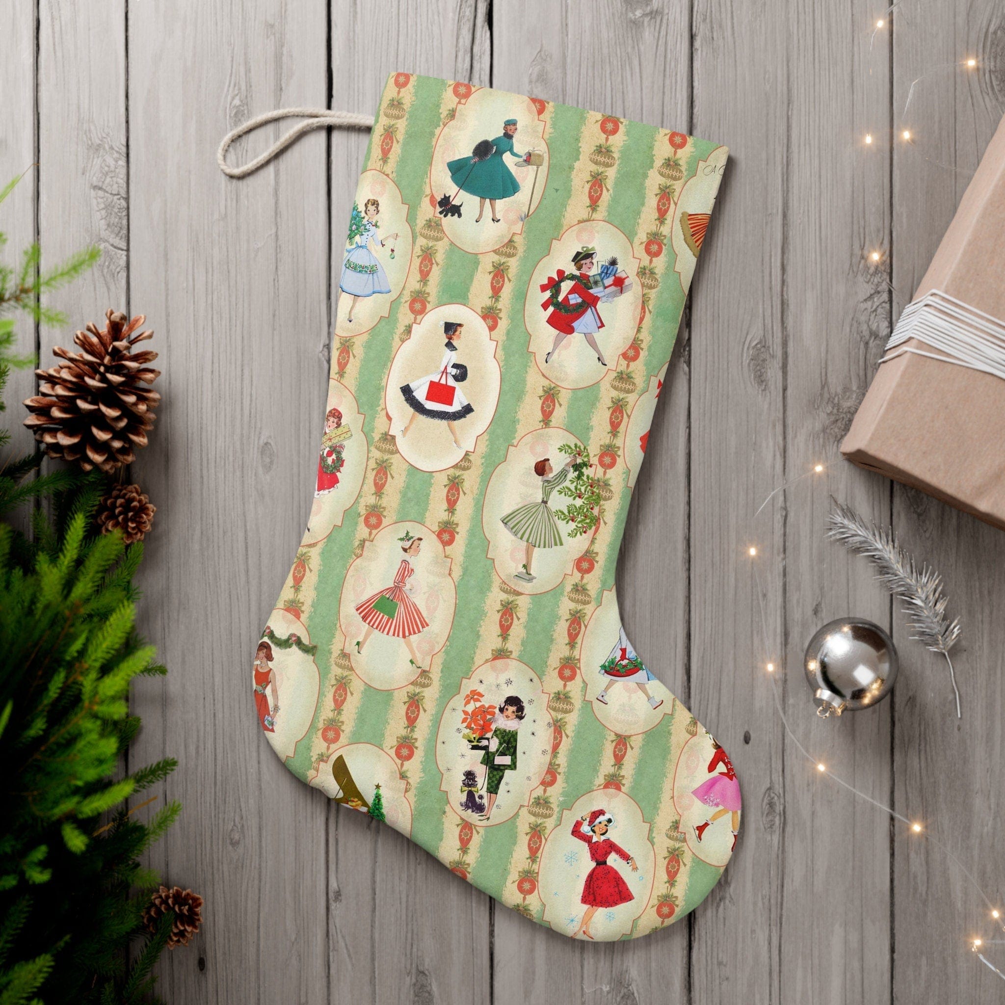 Kate McEnroe New York Vintage 1950s Christmas Stockings, Mid Century Modern Retro Green, Red, Women, Housewives in Christmas Setting Holiday Decor - KM13579723Holiday Stockings11012746711415640049