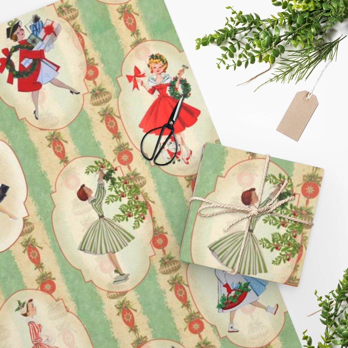 Vintage 1950s Christmas Wrapping Paper, Mid Century Modern Retro Green,  Red, Women, Ladies, Housewives Holiday Gift Wrap