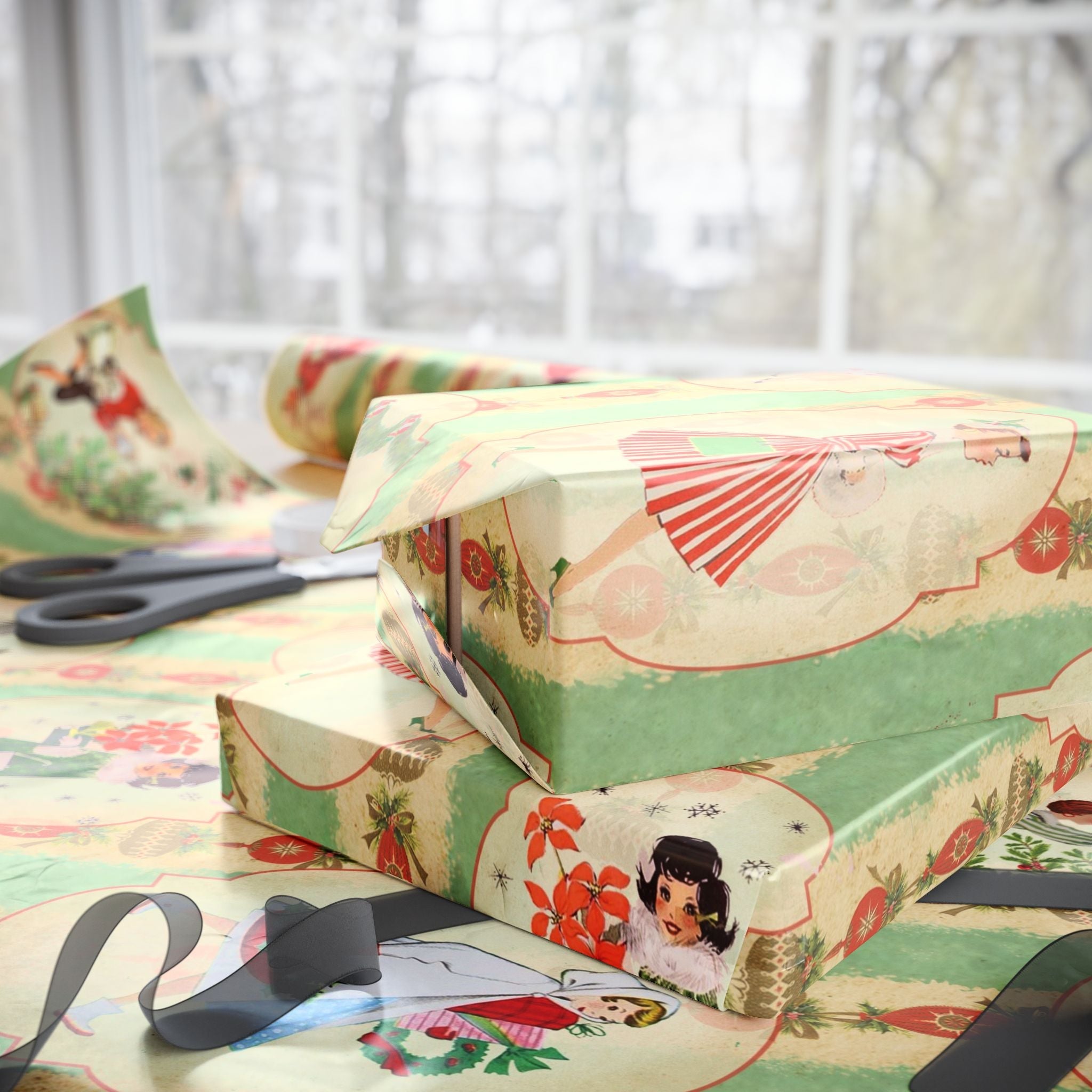 Kate McEnroe New York Vintage 1950s Christmas Wrapping Paper, Mid Century Modern Retro Green, Red, Women, Ladies, Housewives Holiday Gift WrapWrapping Paper24626131695276845642