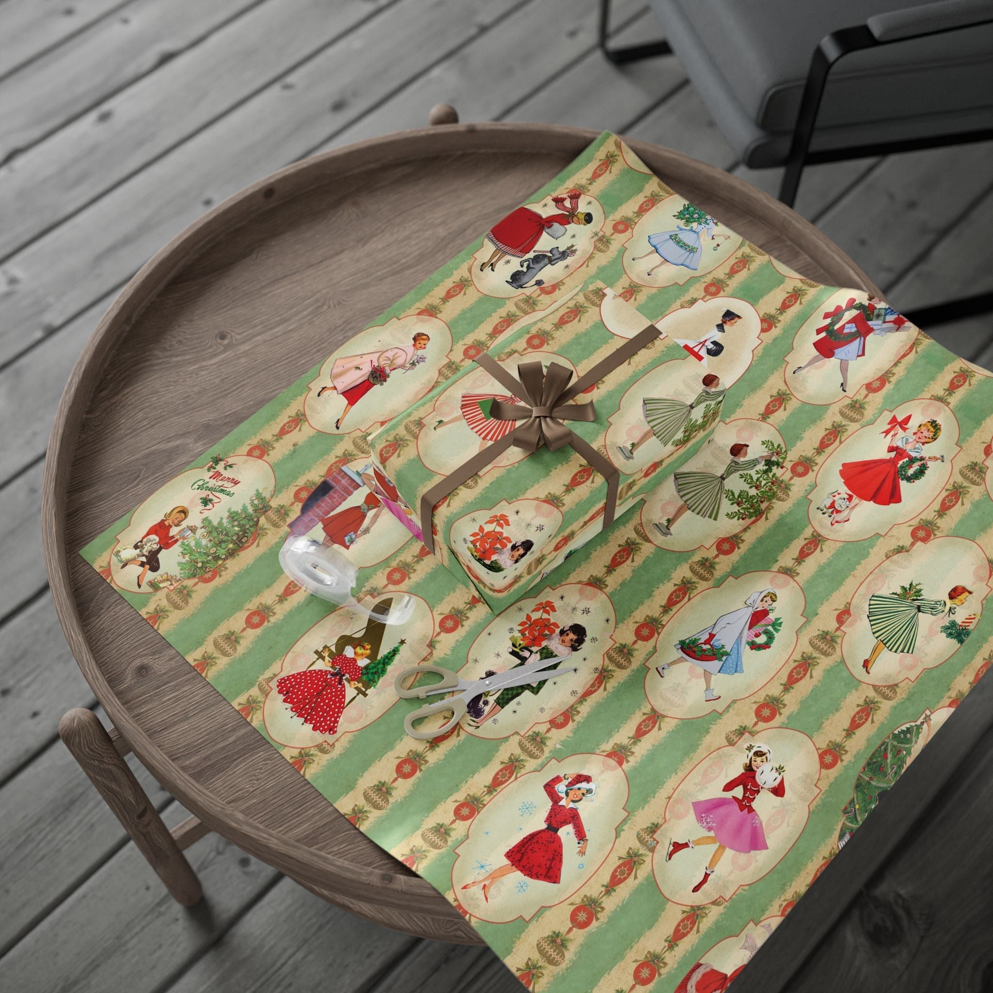 Kate McEnroe New York Vintage 1950s Christmas Wrapping Paper, Mid Century Modern Retro Green, Red, Women, Ladies, Housewives Holiday Gift WrapWrapping Paper67956247011782728739