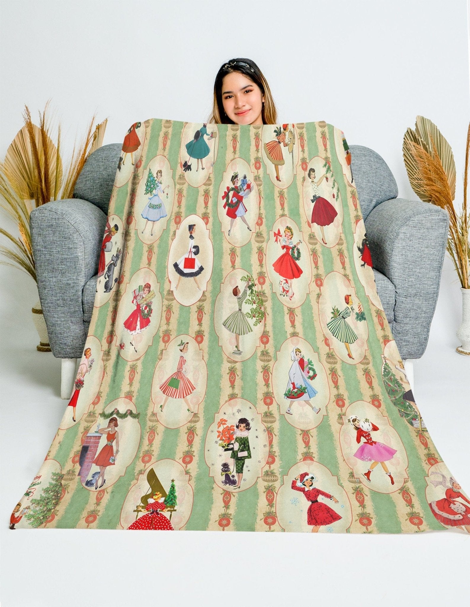 Kate McEnroe New York Vintage 1950s Mid Century Modern Retro Green, Red, Women, Ladies, Housewives Velveteen Minky Blanket, Vintage Women in Christmas SettingBlankets24421648893559513927