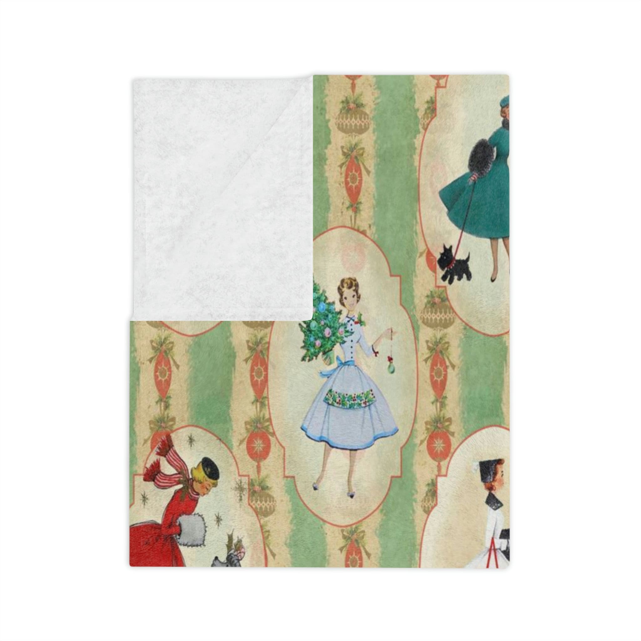 Kate McEnroe New York Vintage 1950s Mid Century Modern Retro Green, Red, Women, Ladies, Housewives Velveteen Minky Blanket, Vintage Women in Christmas SettingBlankets24421648893559513927