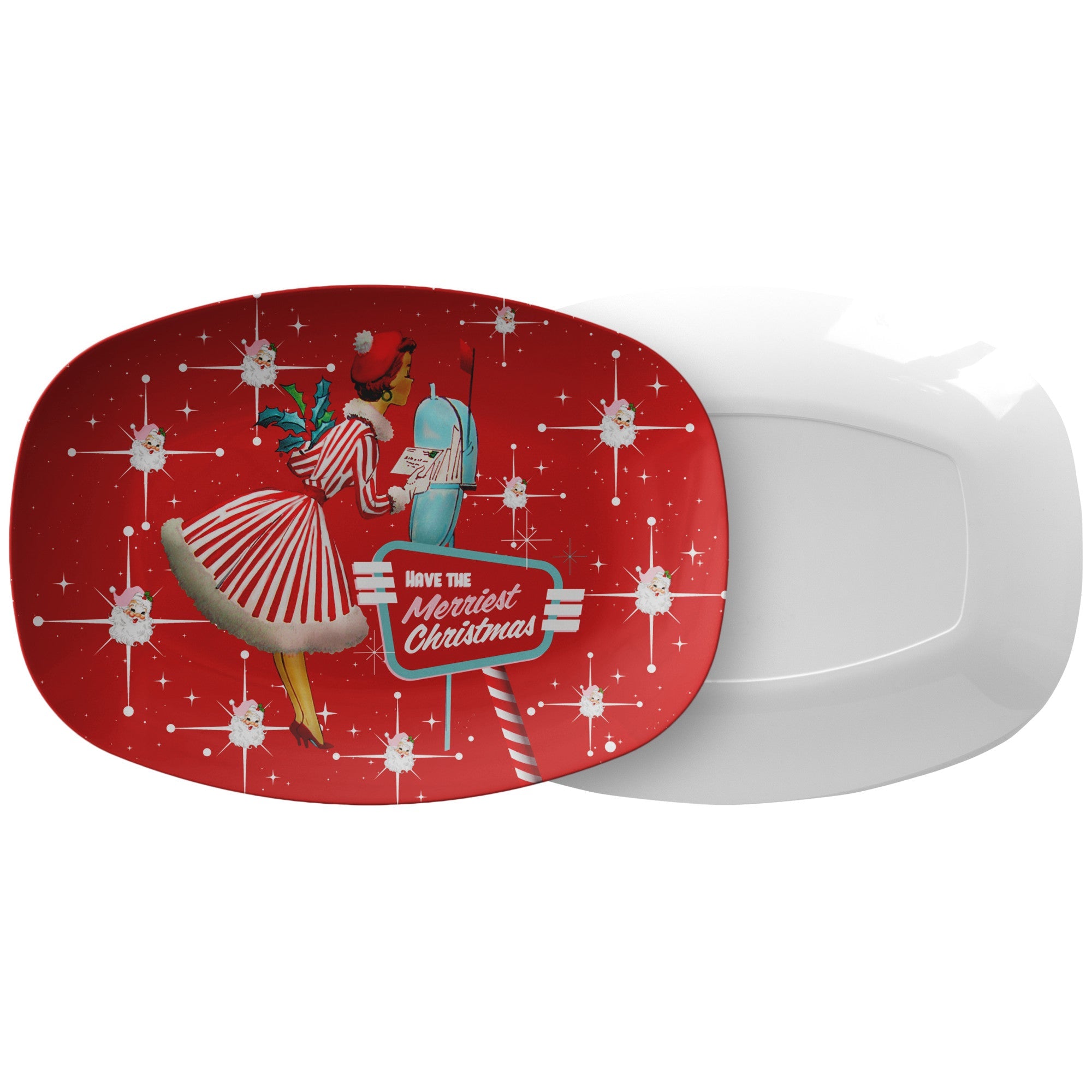 Kate McEnroe New York Vintage 50s Kitsch Christmas Platter, Retro Mid Century Modern Serving Tray, Festive Santa Starburst Holiday TablewareServing PlattersP23 - SHD - GRN - 3