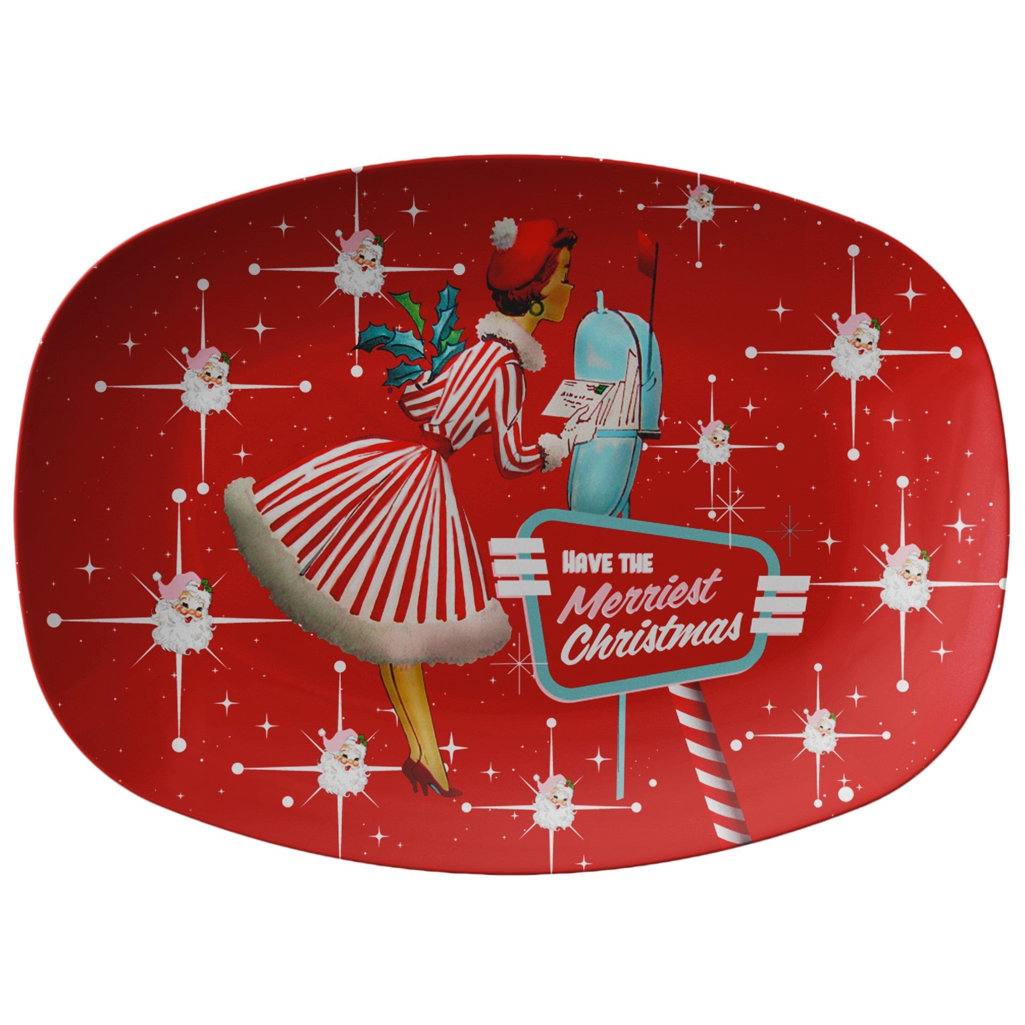 Kate McEnroe New York Vintage 50s Kitsch Christmas Platter, Retro Mid Century Modern Serving Tray, Festive Santa Starburst Holiday TablewareServing PlattersP23 - SHD - GRN - 3