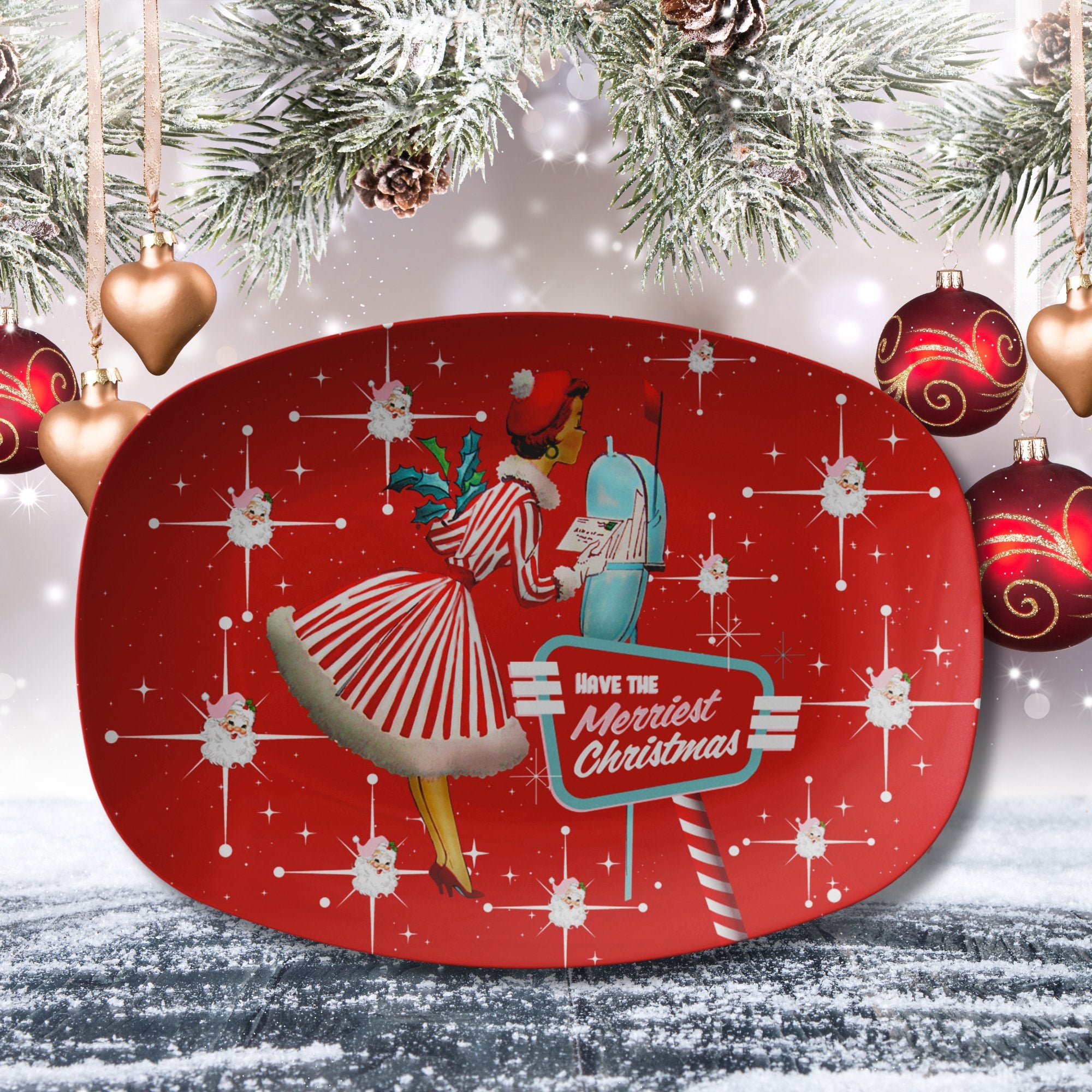 Kate McEnroe New York Vintage 50s Kitsch Christmas Platter, Retro Mid Century Modern Serving Tray, Festive Santa Starburst Holiday TablewareServing PlattersP23 - SHD - GRN - 3