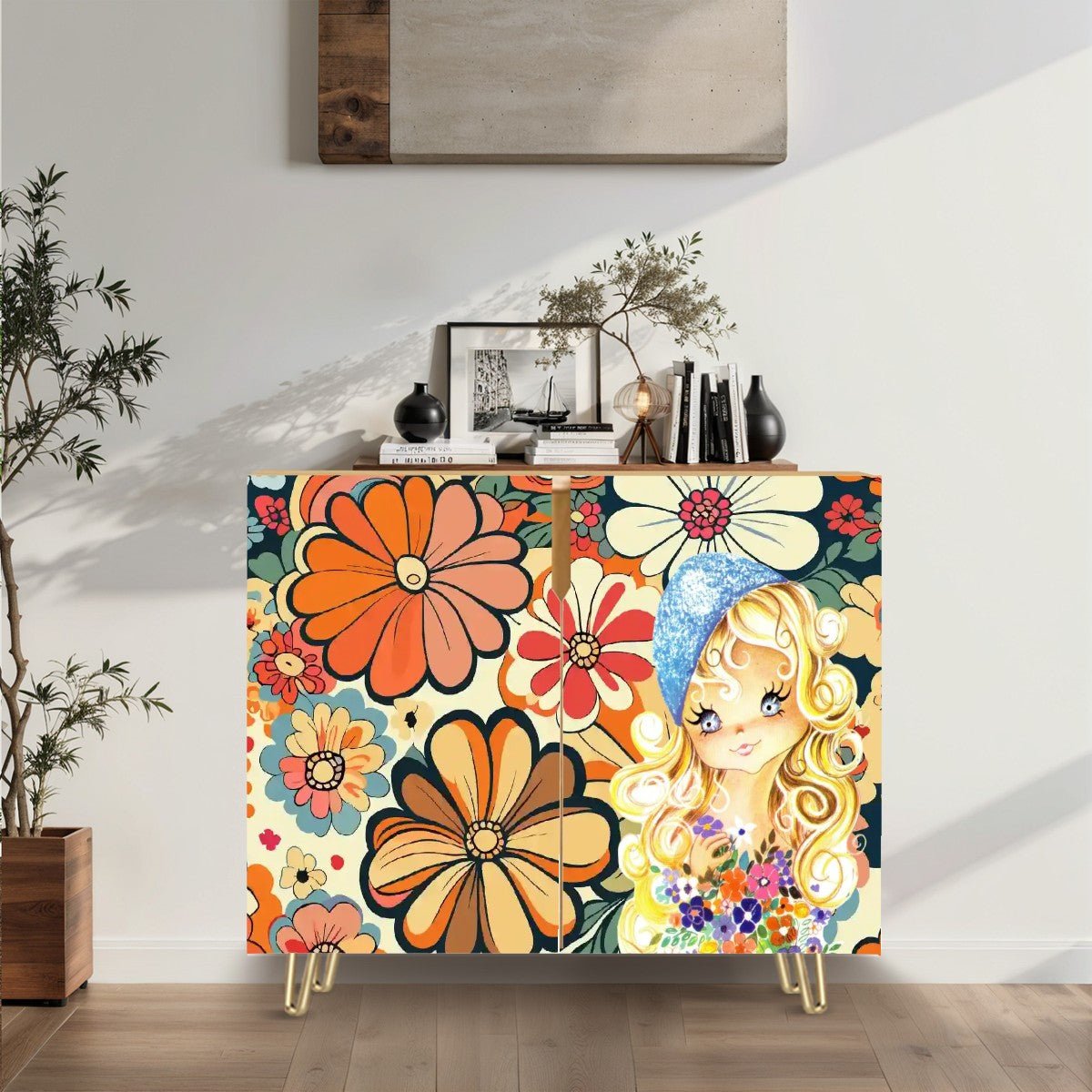 Kate McEnroe New York Vintage Big Eyed Girl Floral Cabinet, 70s Retro Kitsch Flower Power Storage CredenzaStorage CabinetspFQobDNz83