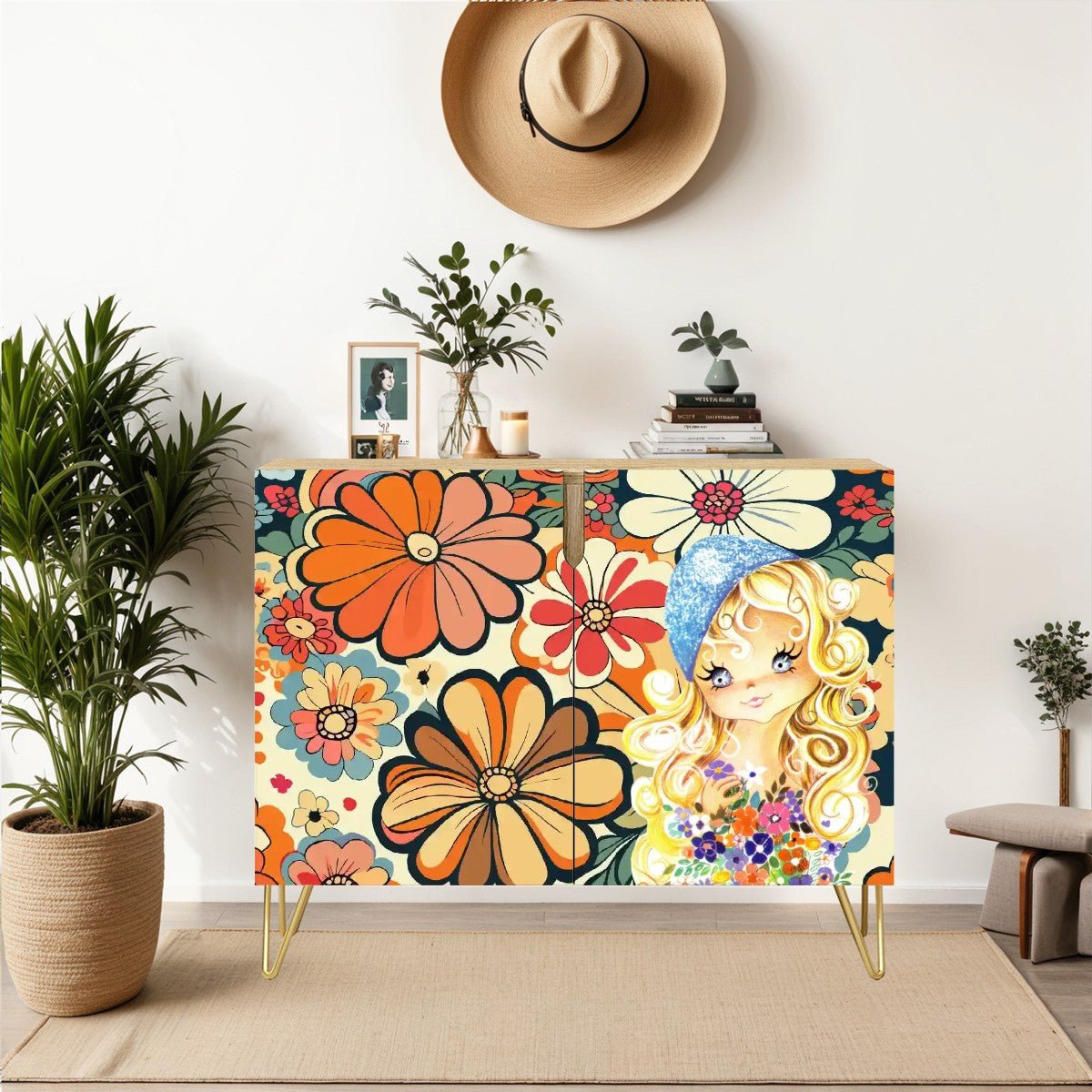 Kate McEnroe New York Vintage Big Eyed Girl Floral Cabinet, 70s Retro Kitsch Flower Power Storage CredenzaStorage CabinetspFQobDNz83