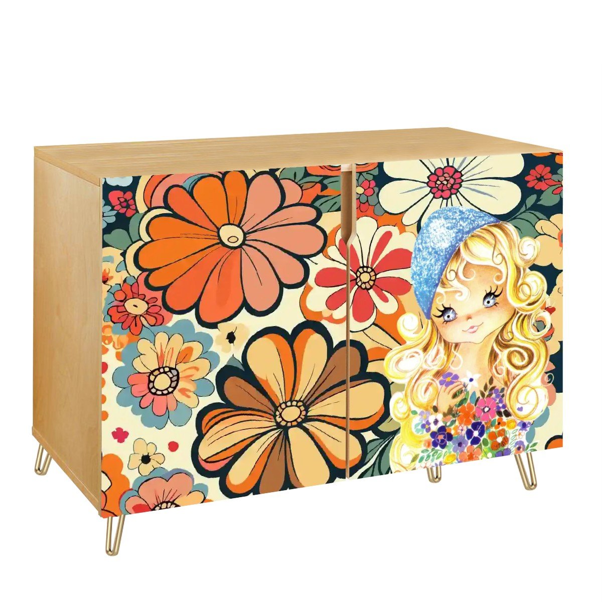 Kate McEnroe New York Vintage Big Eyed Girl Floral Cabinet, 70s Retro Kitsch Flower Power Storage CredenzaStorage CabinetspFQobDNz83