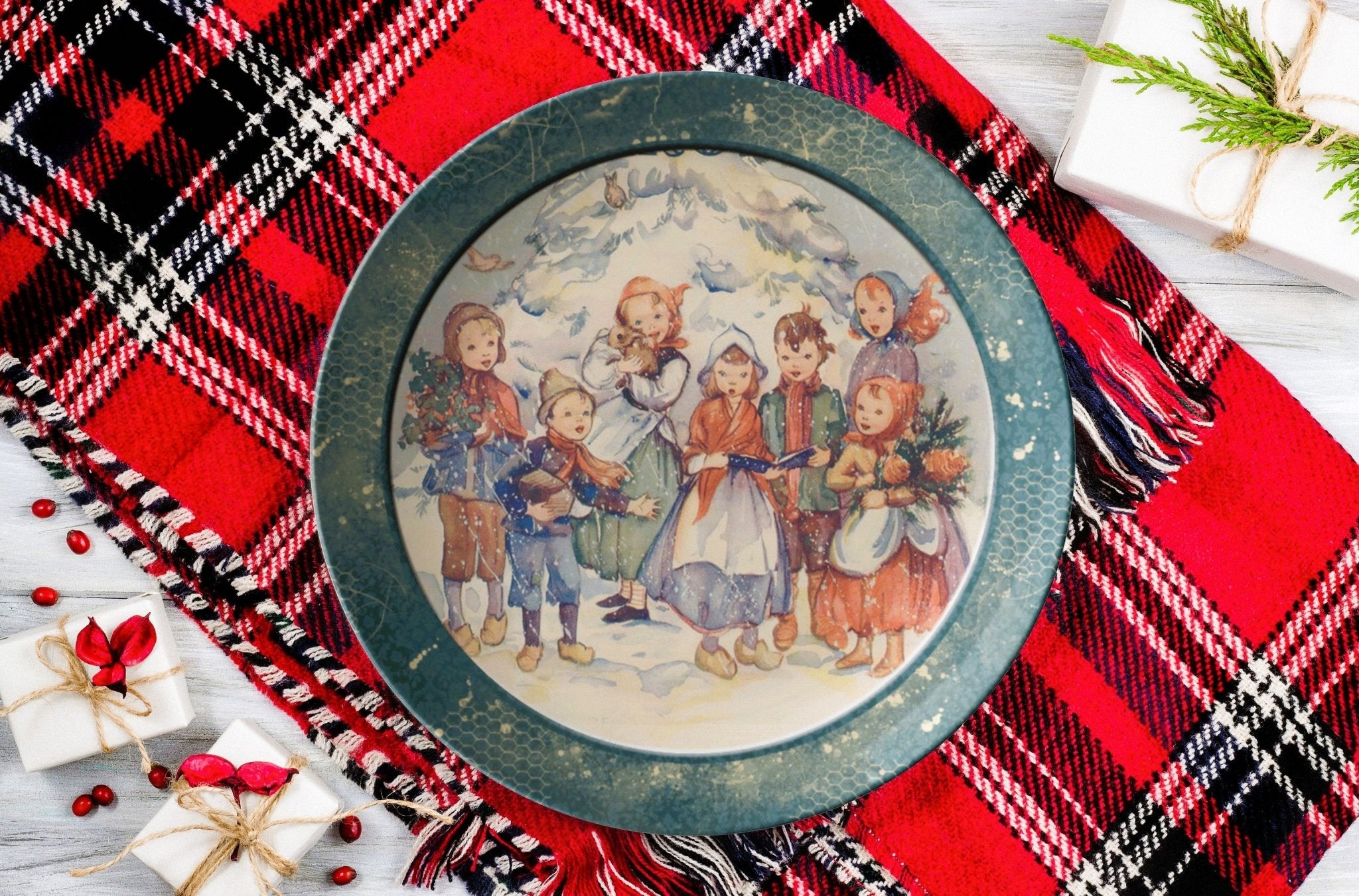 Kate McEnroe New York Vintage Blue Christmas Carolers Scene Dinner PlatePlates9820SINGLE