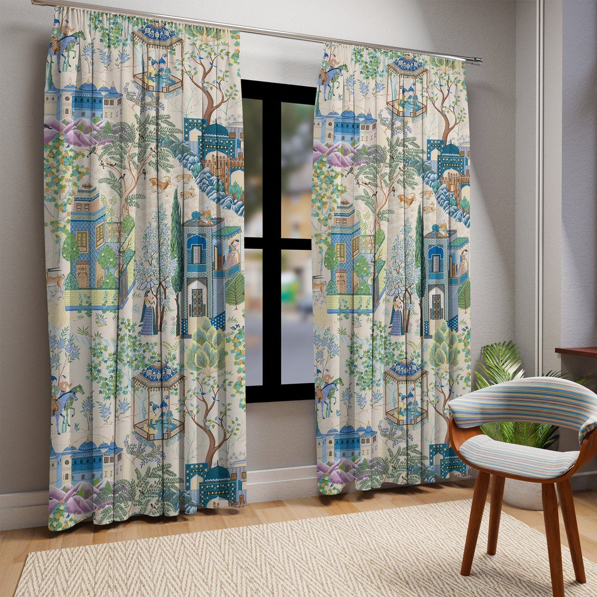 Kate McEnroe New York Vintage French Toile De Jouy Window Curtains, Blue, Green Floral Print, Traditional Asian Country Scene, Rustic Chic Window CoveringsWindow CurtainsW3D - FRE2 - CHI2 - SH2