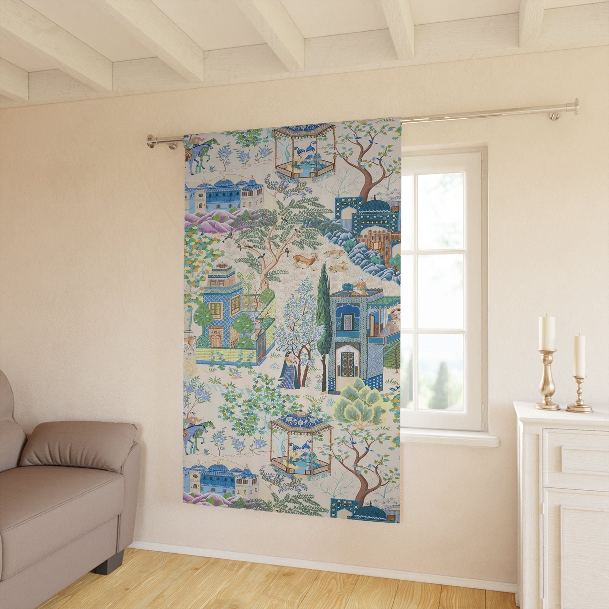 Kate McEnroe New York Vintage French Toile De Jouy Window Curtains, Blue, Green Floral Print, Traditional Asian Country Scene, Rustic Chic Window CoveringsWindow CurtainsW3D - FRE2 - CHI2 - SH2
