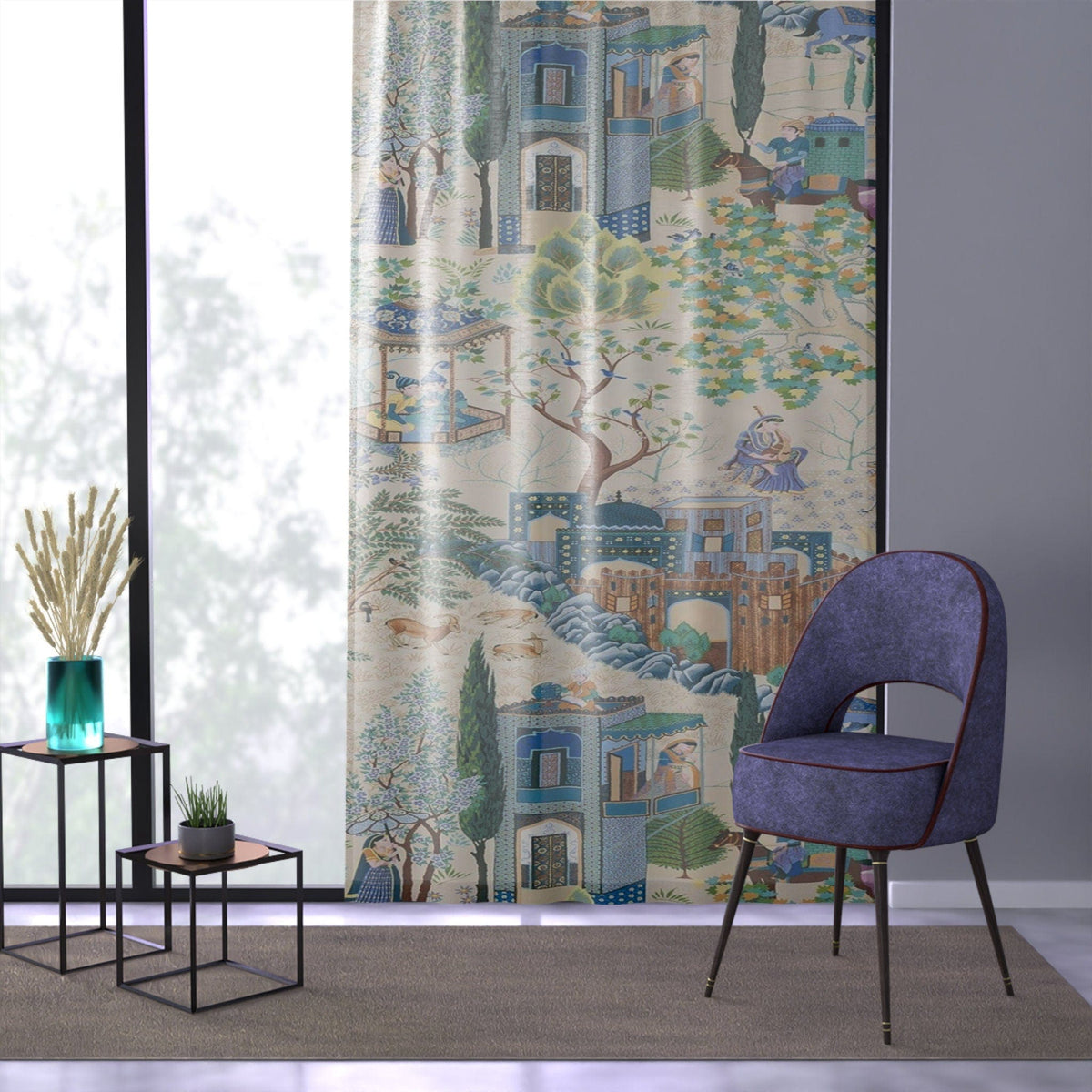 Kate McEnroe New York Vintage French Toile De Jouy Window Curtains with Traditional Asian Country Scene, Rustic Chic Blue, Green Floral Print Window CoveringsWindow CurtainsW3D - FRE - CHI - SH2