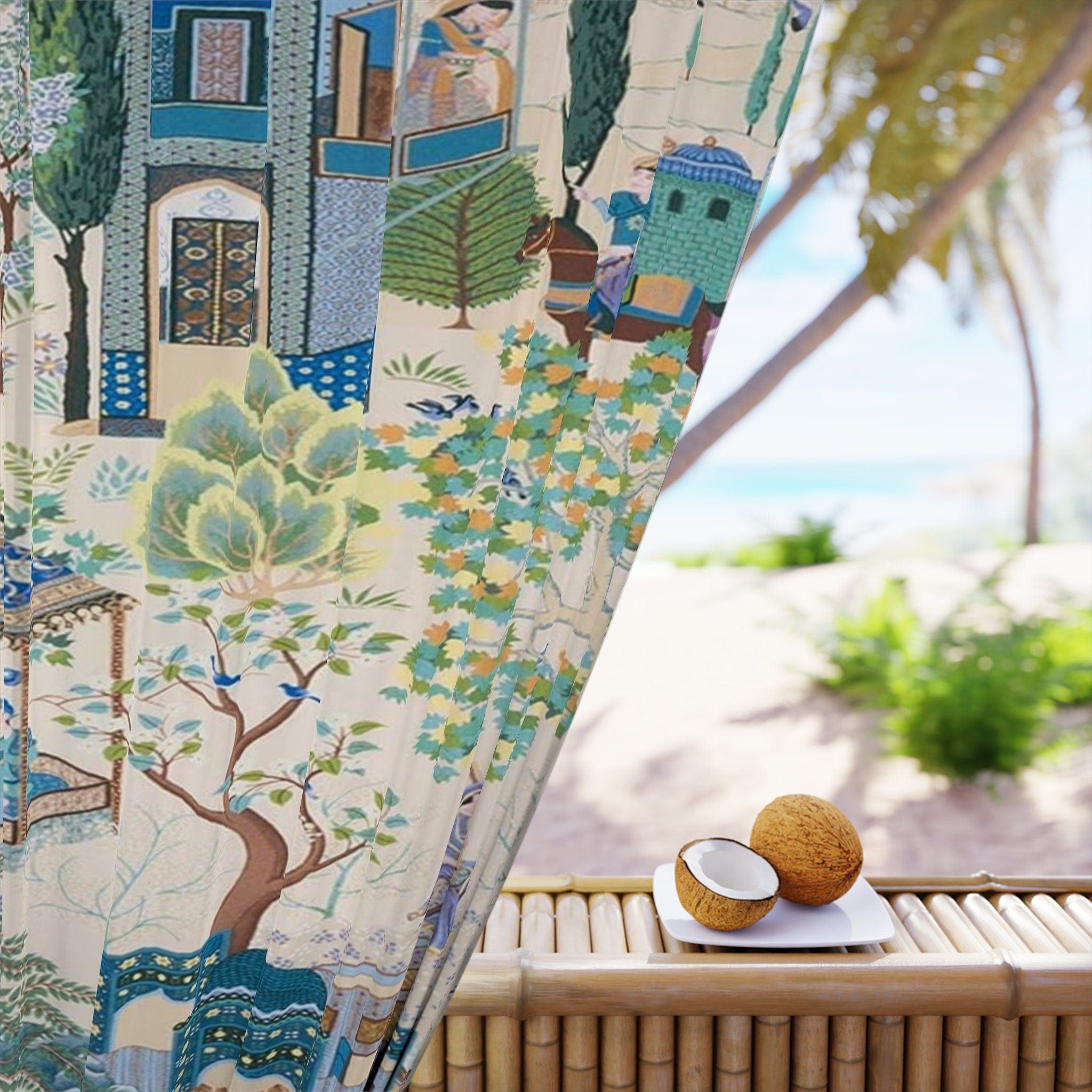 Kate McEnroe New York Vintage French Toile De Jouy Window Curtains with Traditional Asian Country Scene, Rustic Chic Blue, Green Floral Print Window CoveringsWindow CurtainsW3D - FRE - CHI - SH2