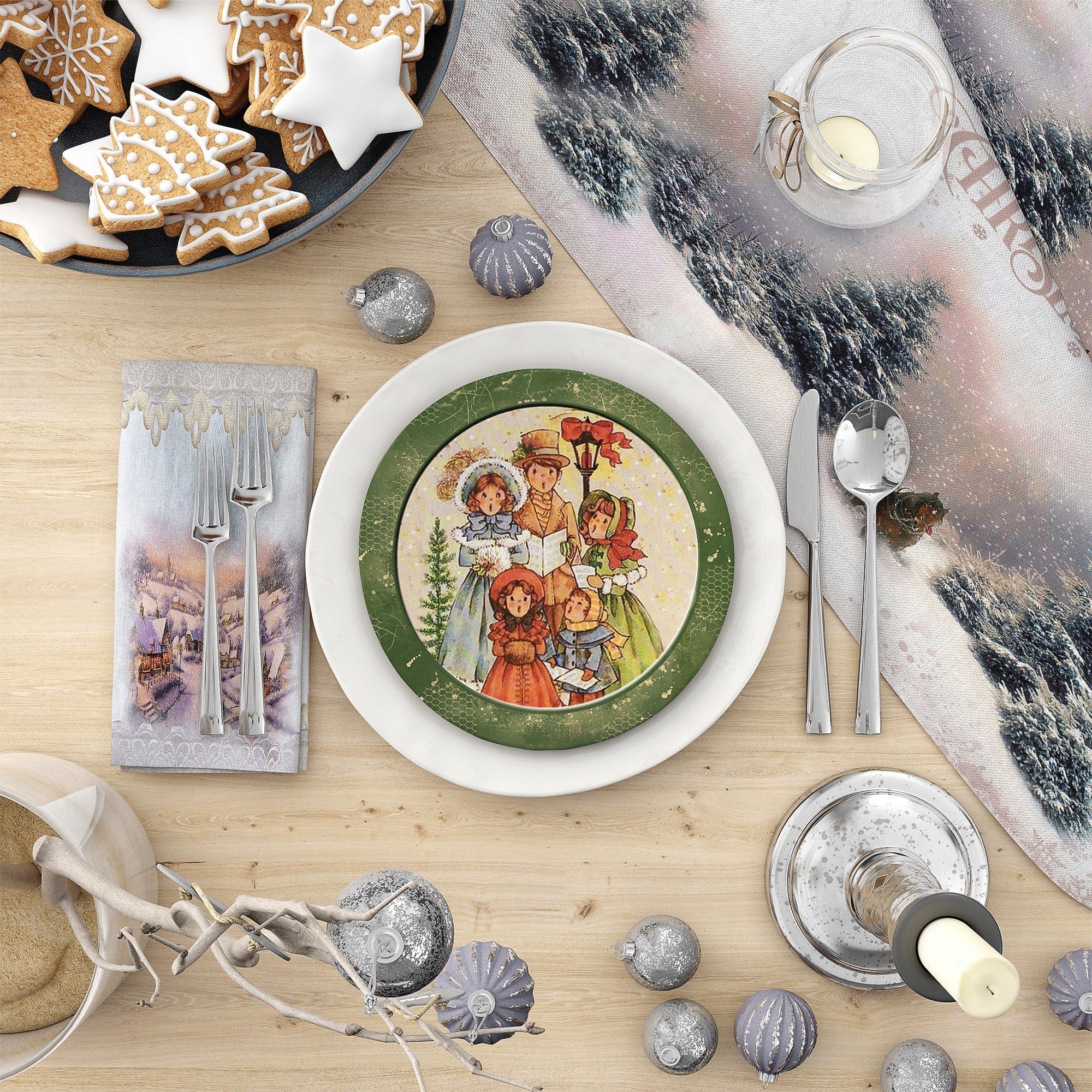 Kate McEnroe New York Vintage Green Christmas Carolers Scene Dinner PlatePlates9820SINGLE