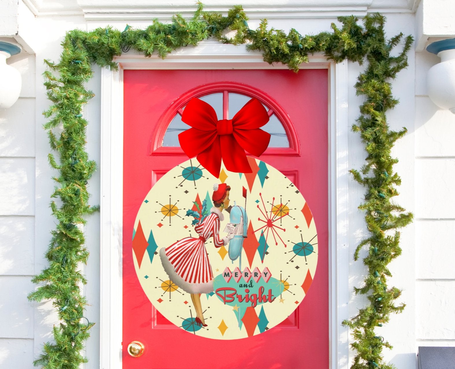 Kate McEnroe New York Vintage Merry and Bright Atomic Christmas Door Sign, 1950s Kitsch Holiday Wall Art, Mid Century Modern Outdoor Decor, Retro Festive WelcomeDoor HangersPMH58 - 12.1247041
