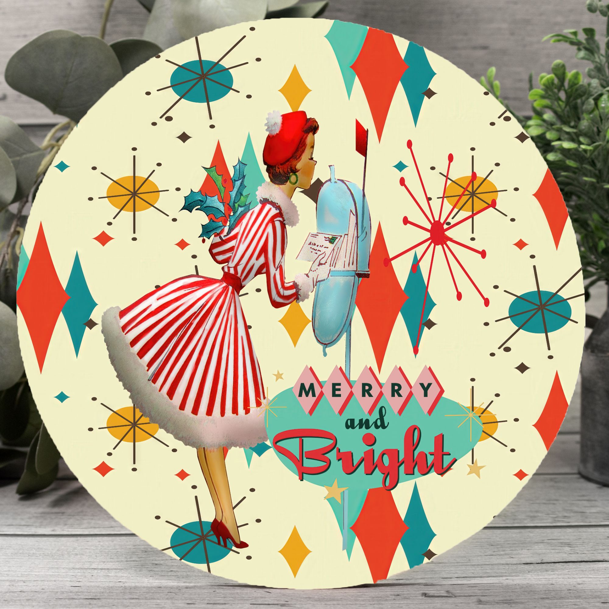 Kate McEnroe New York Vintage Merry and Bright Atomic Christmas Door Sign, 1950s Kitsch Holiday Wall Art, Mid Century Modern Outdoor Decor, Retro Festive WelcomeDoor HangersPMH58 - 12.1247041