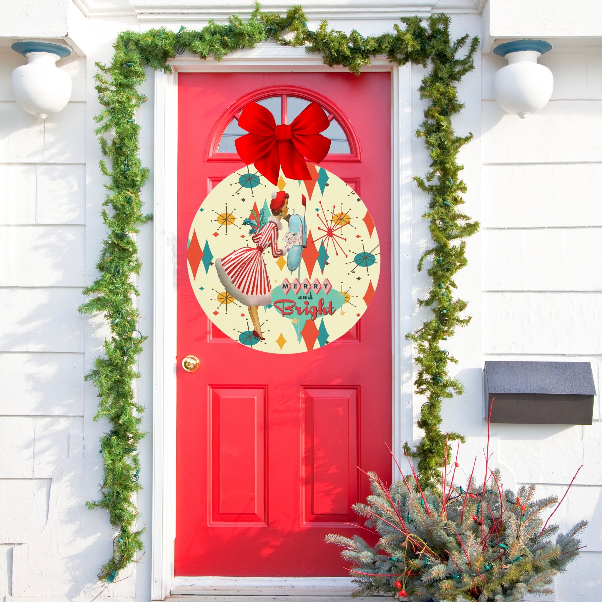 Kate McEnroe New York Vintage Merry and Bright Atomic Christmas Door Sign, 1950s Kitsch Holiday Wall Art, Mid Century Modern Outdoor Decor, Retro Festive WelcomeDoor HangersPMH58 - 12.1247041