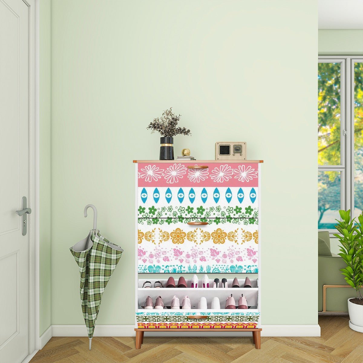 Kate McEnroe New York Vintage Pyrex Mid Century Modern Shoe Cabinet, Retro 50s MCM Kitchenware Inspired Accent FurnitureShoe StoragevjZ7T6n247