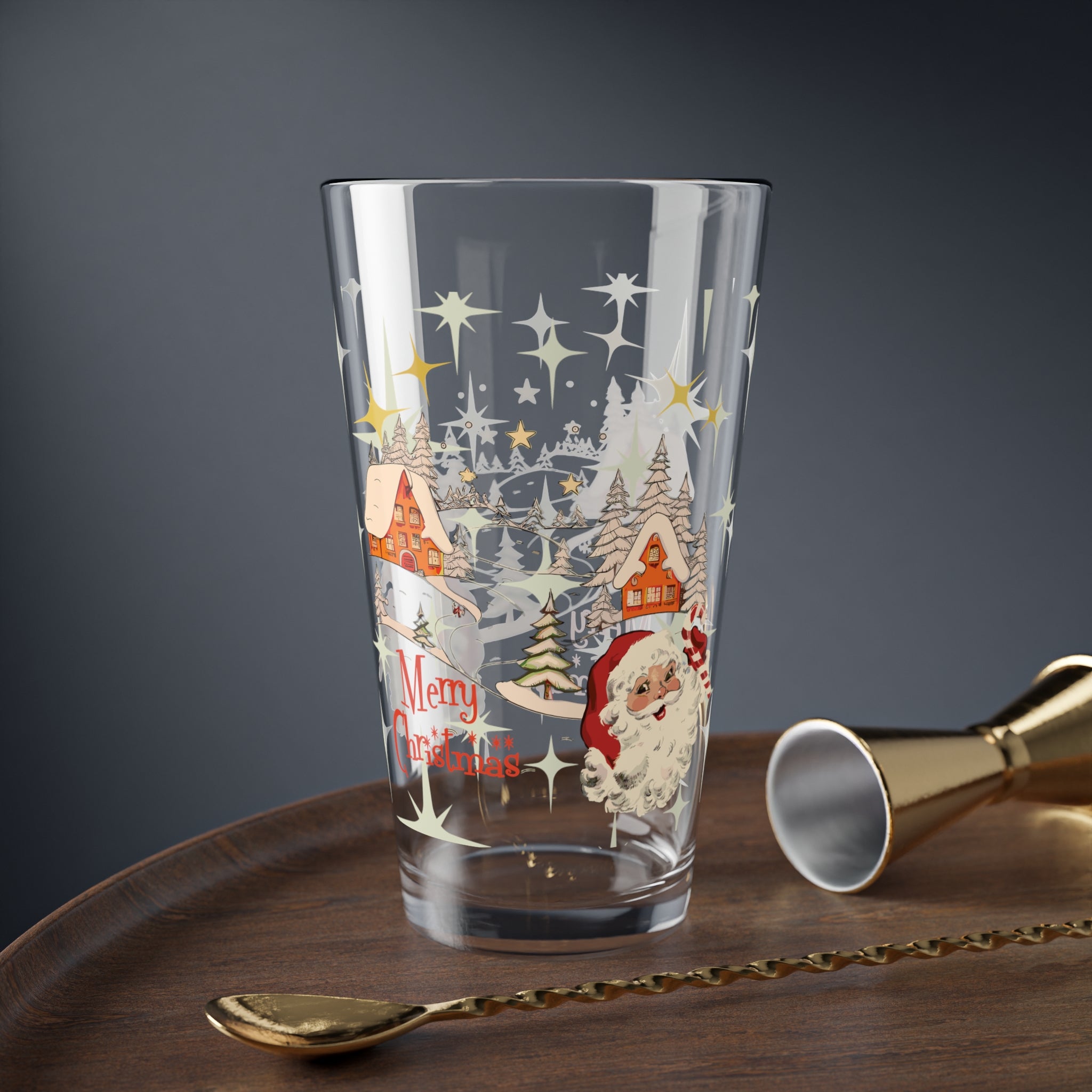 Kate McEnroe New York Vintage Santa Nordic Christmas Pint Glass, Retro Holiday Drinkware, Mid Century Modern Snow Scene BarwarePint Glasses10845642197970166341