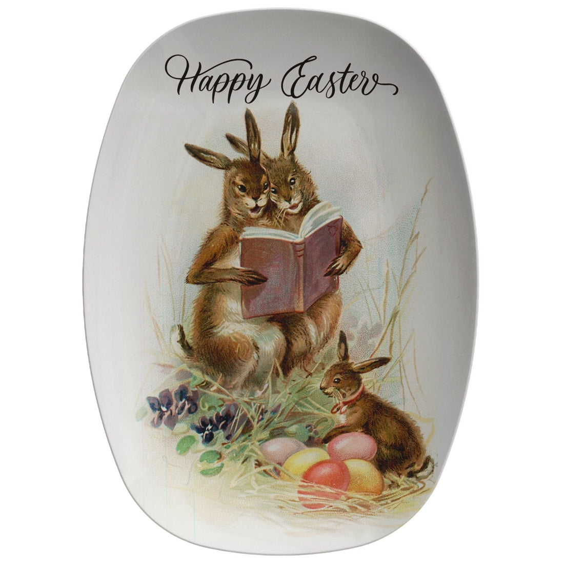 Kate McEnroe New York Vintage Storybook Bunnies Easter Card Art Platter, Classic Bunny Rabbit Happy Easter Serving Tray Serving Platters P22-VIN-BUN-4