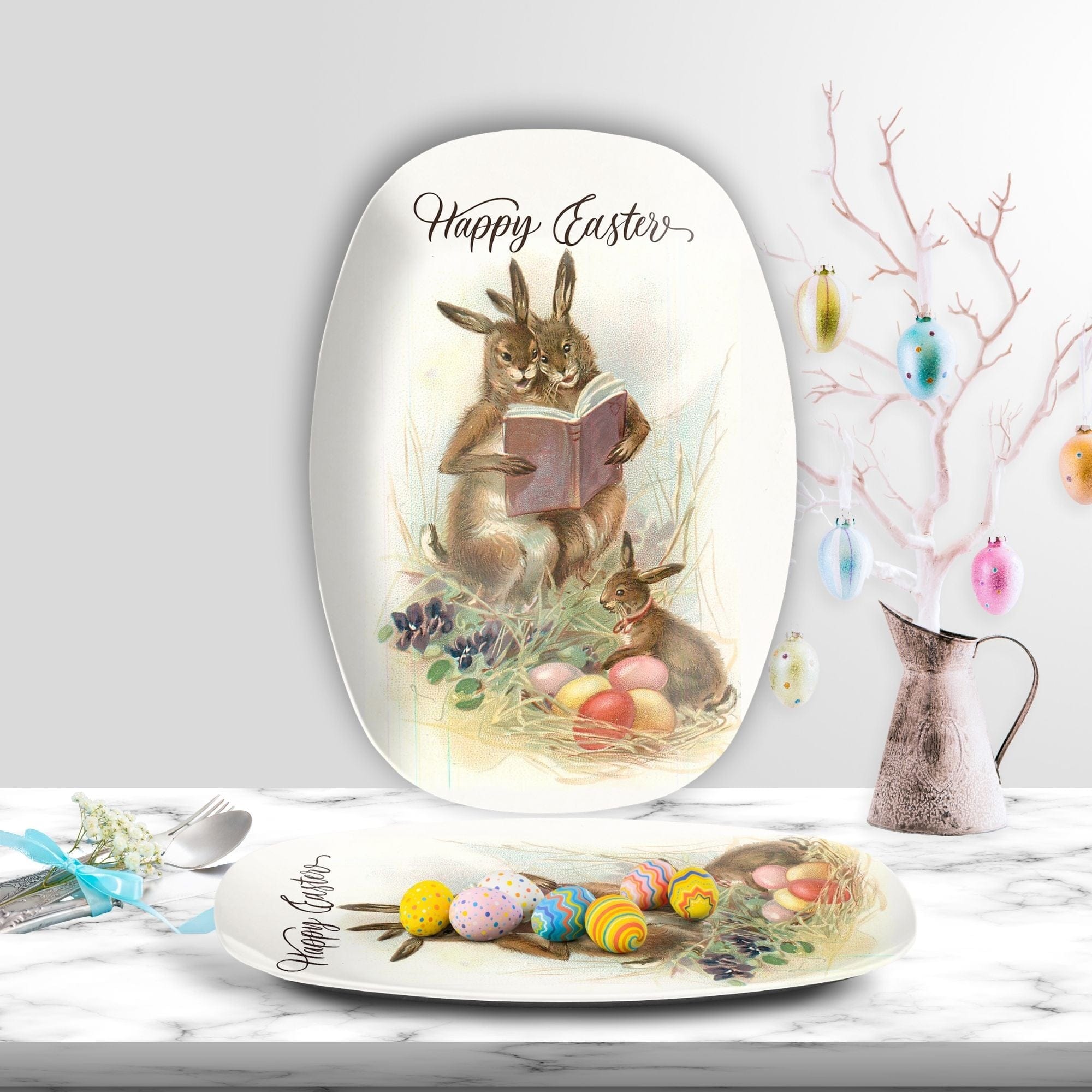 Kate McEnroe New York Vintage Storybook Bunnies Easter Card Art Platter, Classic Bunny Rabbit Happy Easter Serving TrayServing PlattersP22 - VIN - BUN - 4