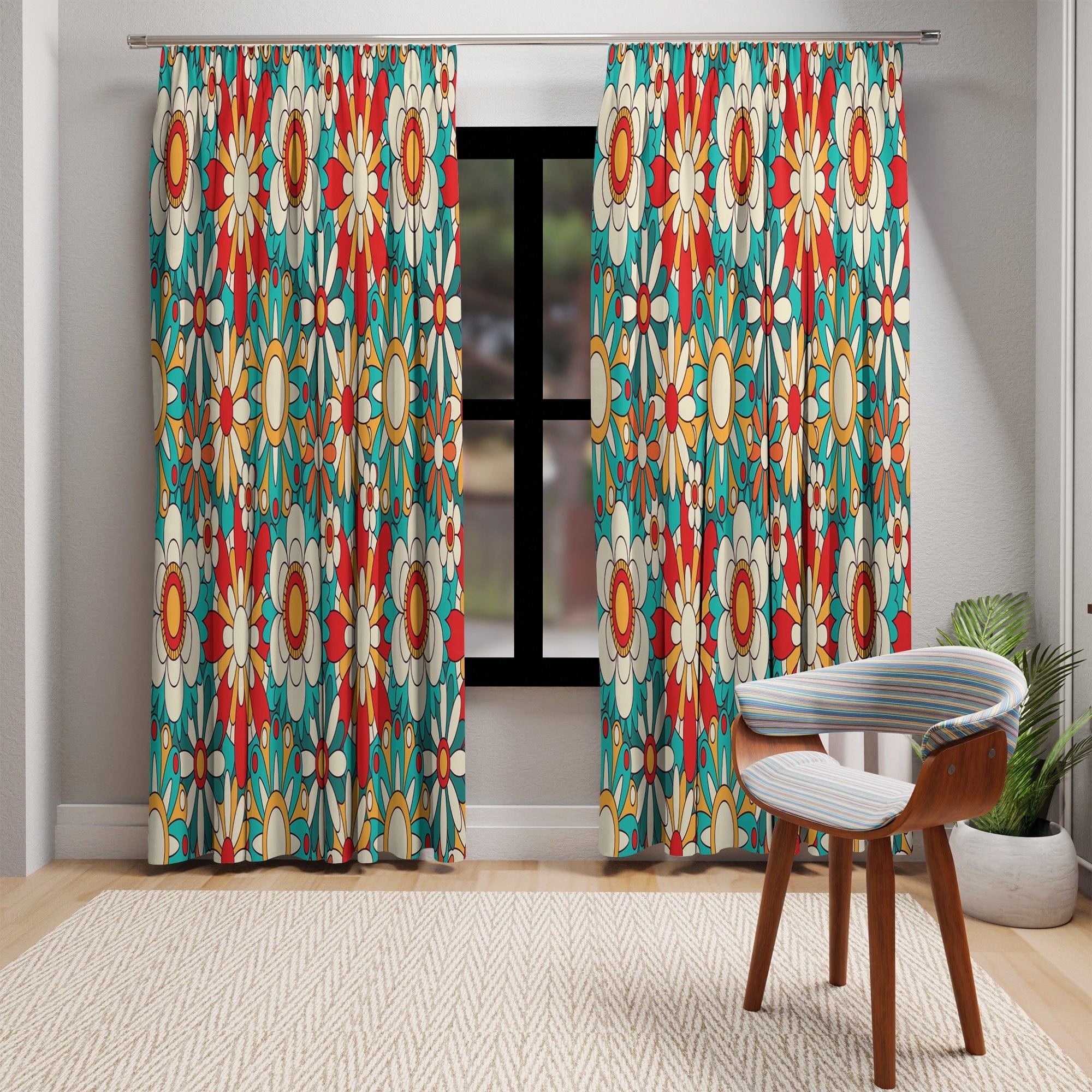 Kate McEnroe New York Window Curtains In Groovy Floral Mid Century Modern Retro Burnt Orange, Aqua Blue PrintWindow Curtains50x84 - DoublePanel