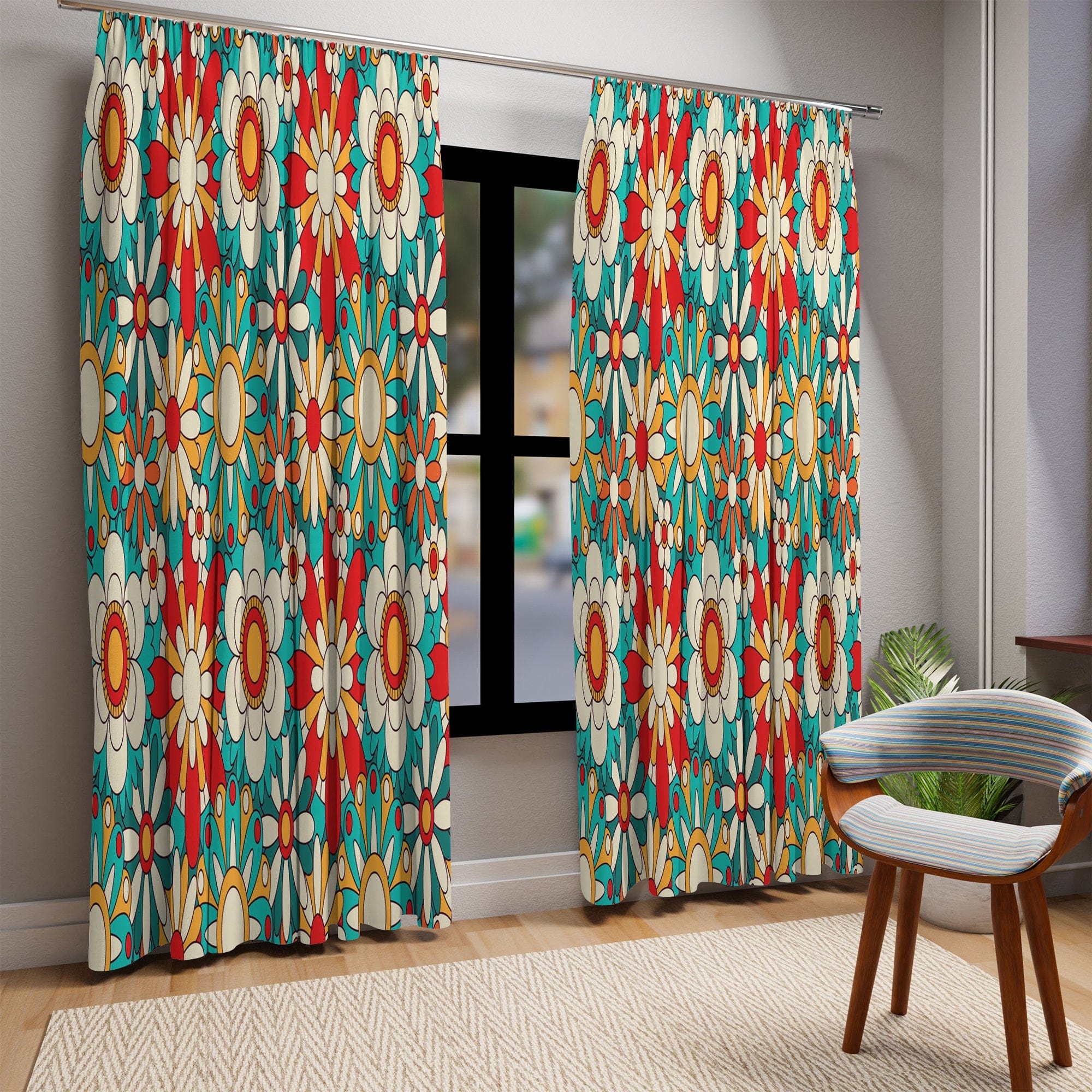Kate McEnroe New York Window Curtains In Groovy Floral Mid Century Modern Retro Burnt Orange, Aqua Blue PrintWindow Curtains50x84 - SinglePanel