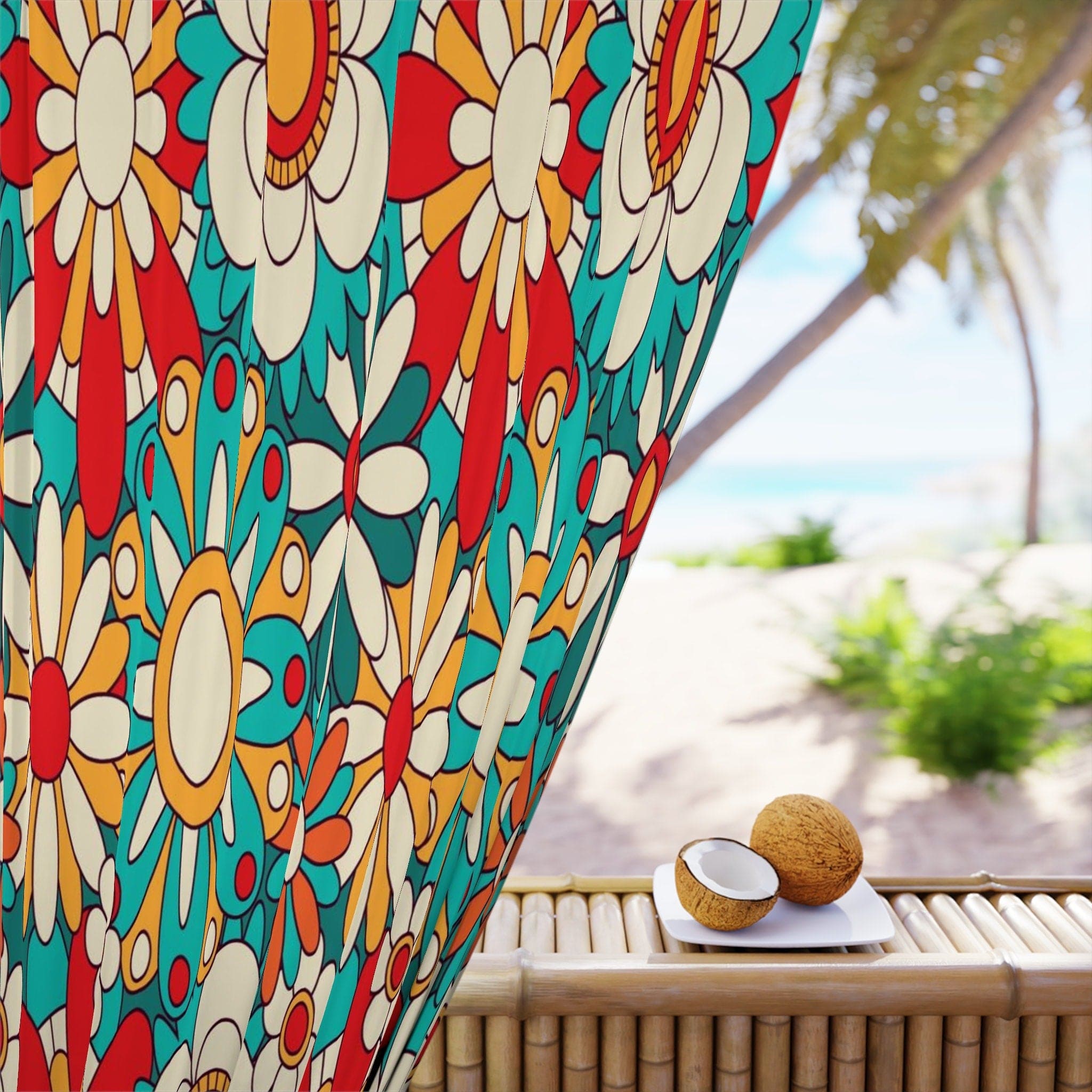 Kate McEnroe New York Window Curtains In Groovy Floral Mid Century Modern Retro Burnt Orange, Aqua Blue PrintWindow Curtains50x84 - SinglePanel