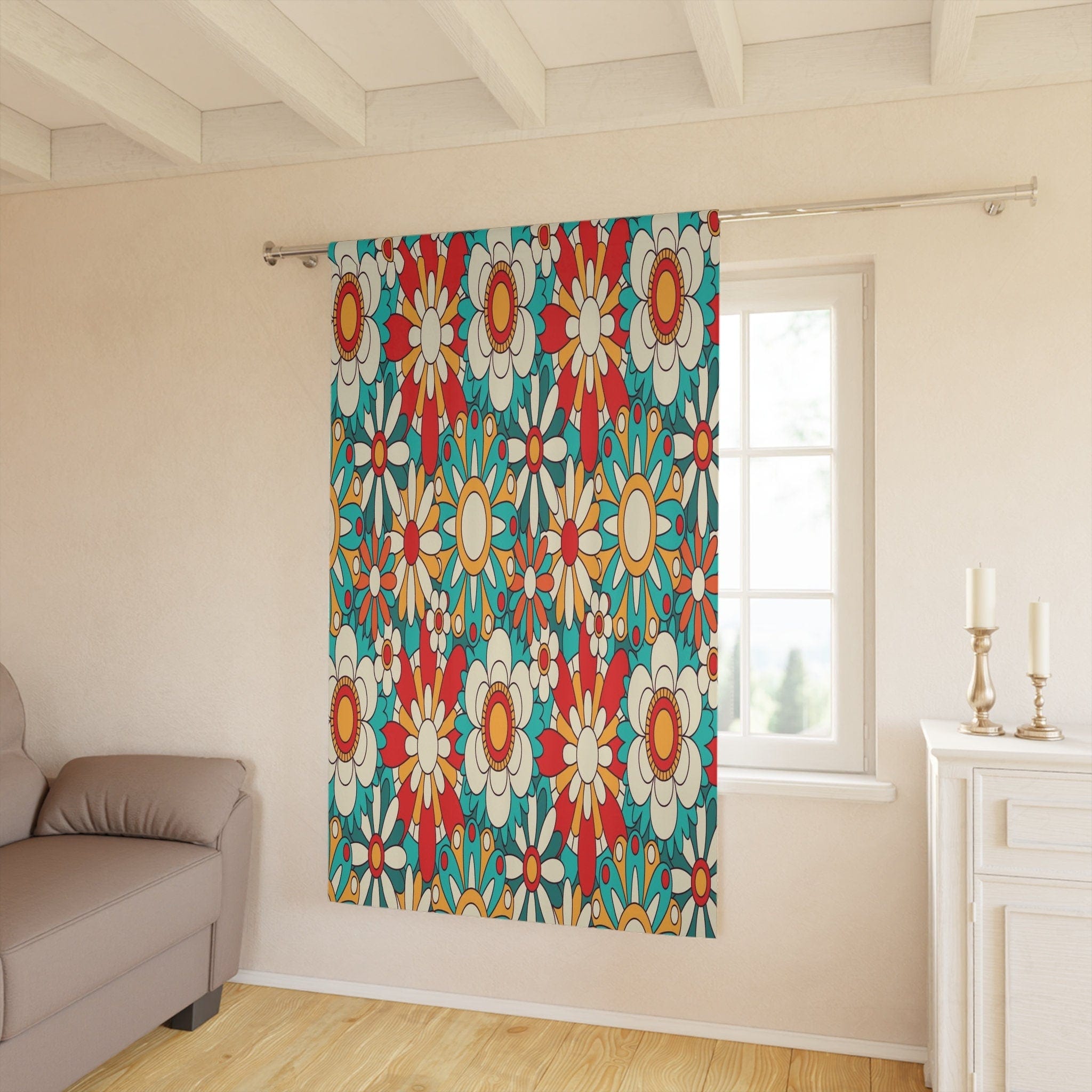 Kate McEnroe New York Window Curtains In Groovy Floral Mid Century Modern Retro Burnt Orange, Aqua Blue PrintWindow CurtainsCurtainSheer - 50x84 - DoublePanel