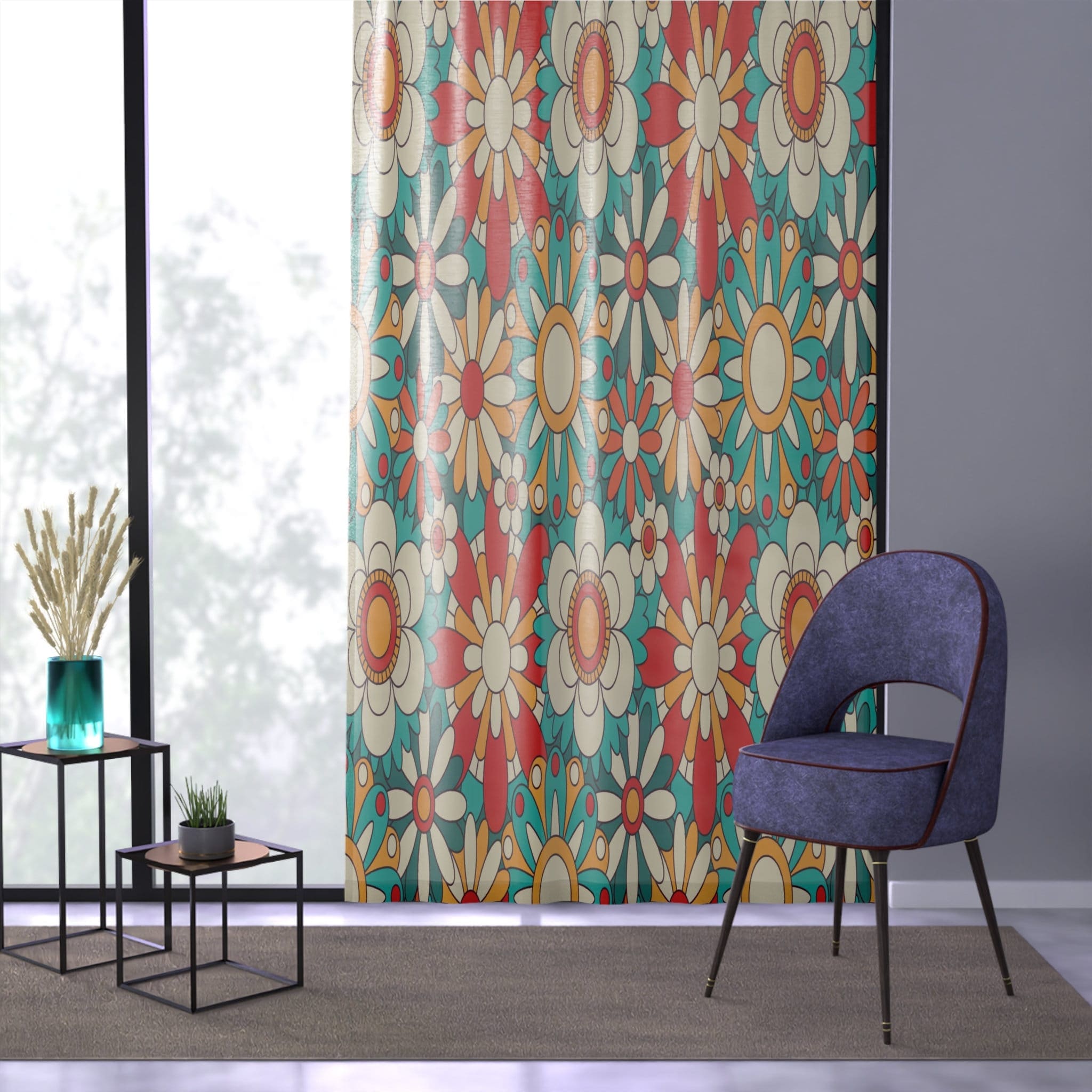 Kate McEnroe New York Window Curtains In Groovy Floral Mid Century Modern Retro Burnt Orange, Aqua Blue PrintWindow CurtainsCurtainSheer - 50x84 - DoublePanel
