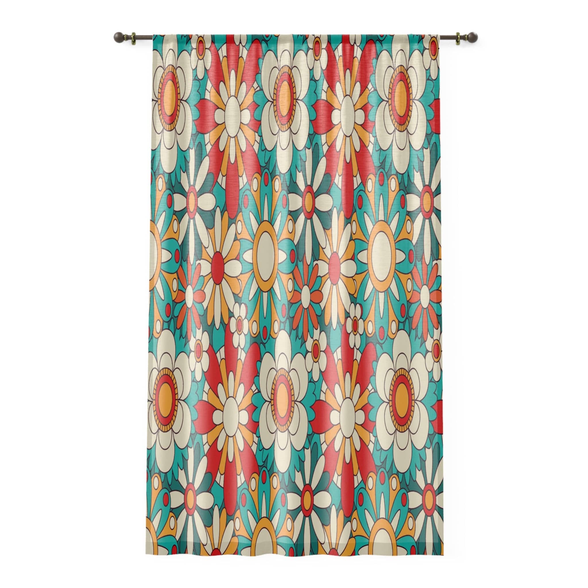 Kate McEnroe New York Window Curtains In Groovy Floral Mid Century Modern Retro Burnt Orange, Aqua Blue PrintWindow CurtainsCurtainSheer - 50x84 - DoublePanel