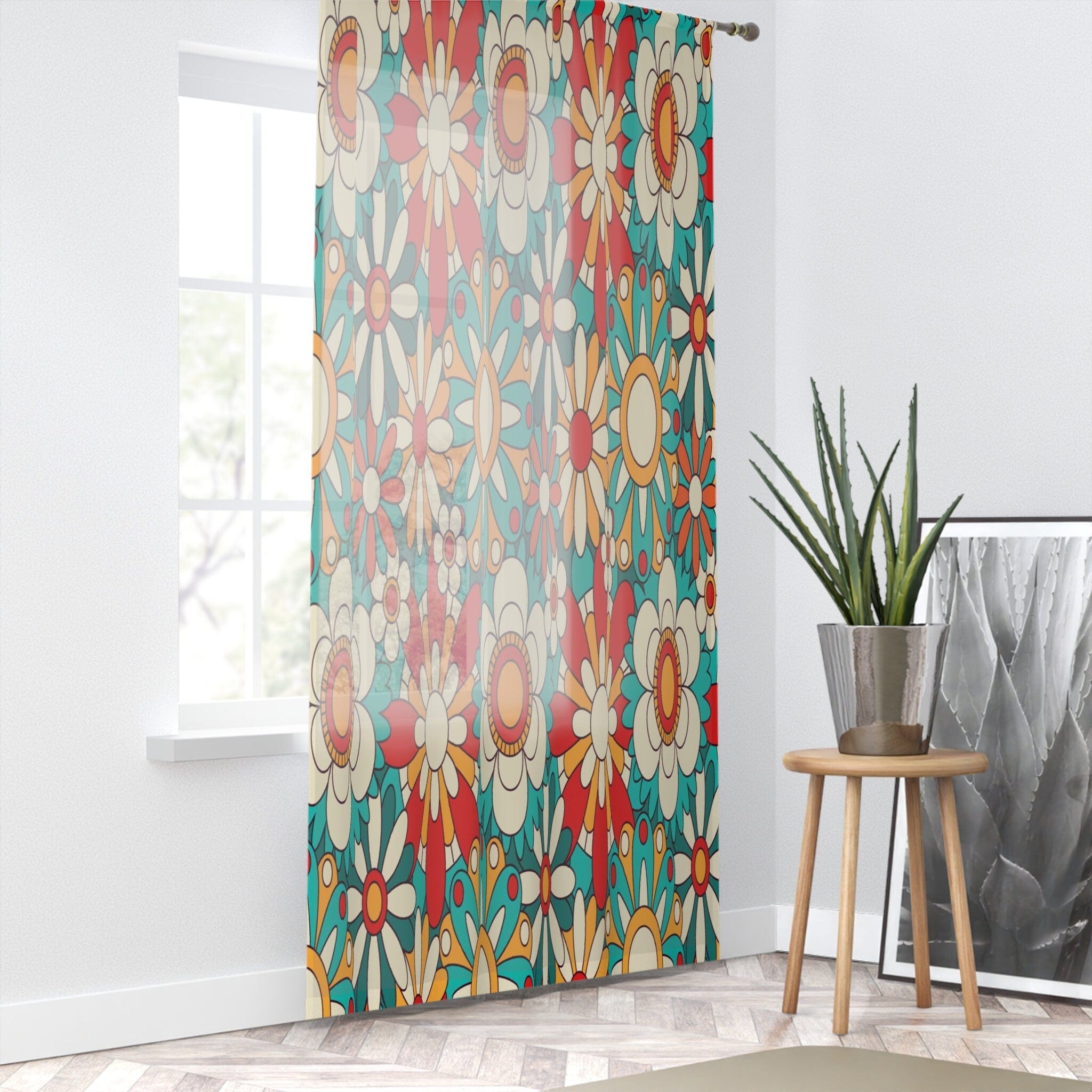 Kate McEnroe New York Window Curtains In Groovy Floral Mid Century Modern Retro Burnt Orange, Aqua Blue PrintWindow CurtainsCurtainSheer - 50x84 - SinglePanel