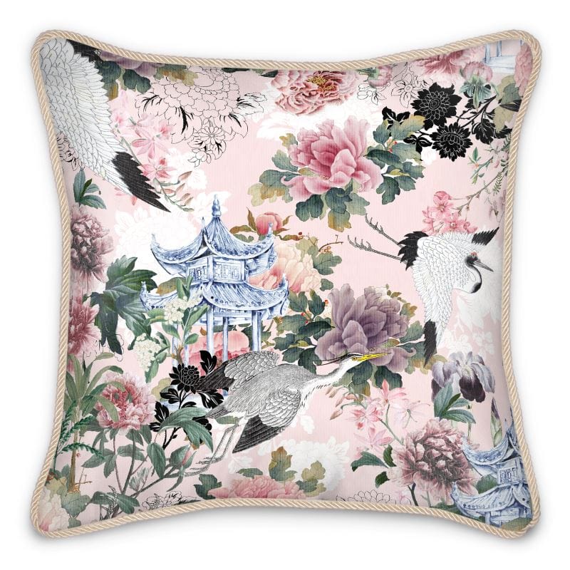 Yuga Tsuru Crane and Peony Silk Pillow