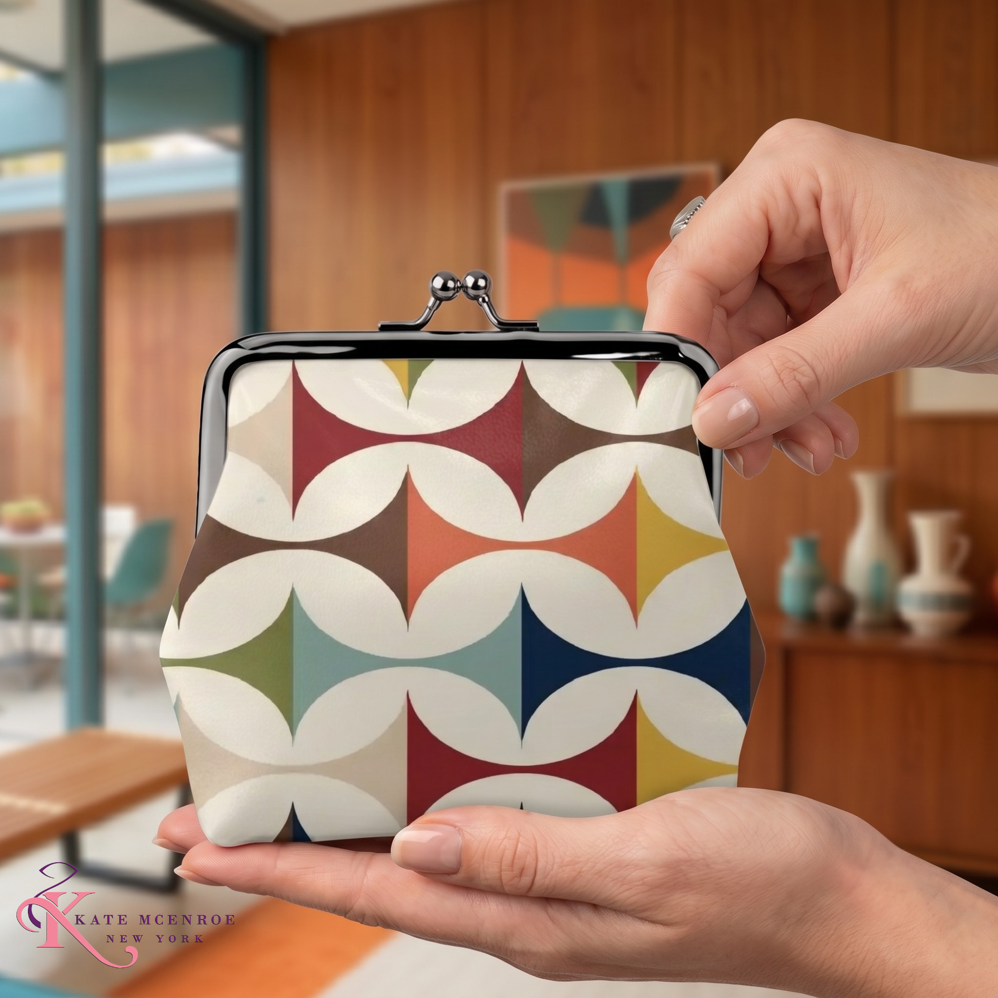 Danish Modern Geometric Kiss Lock Coin Purse, MCM Retro Pouch