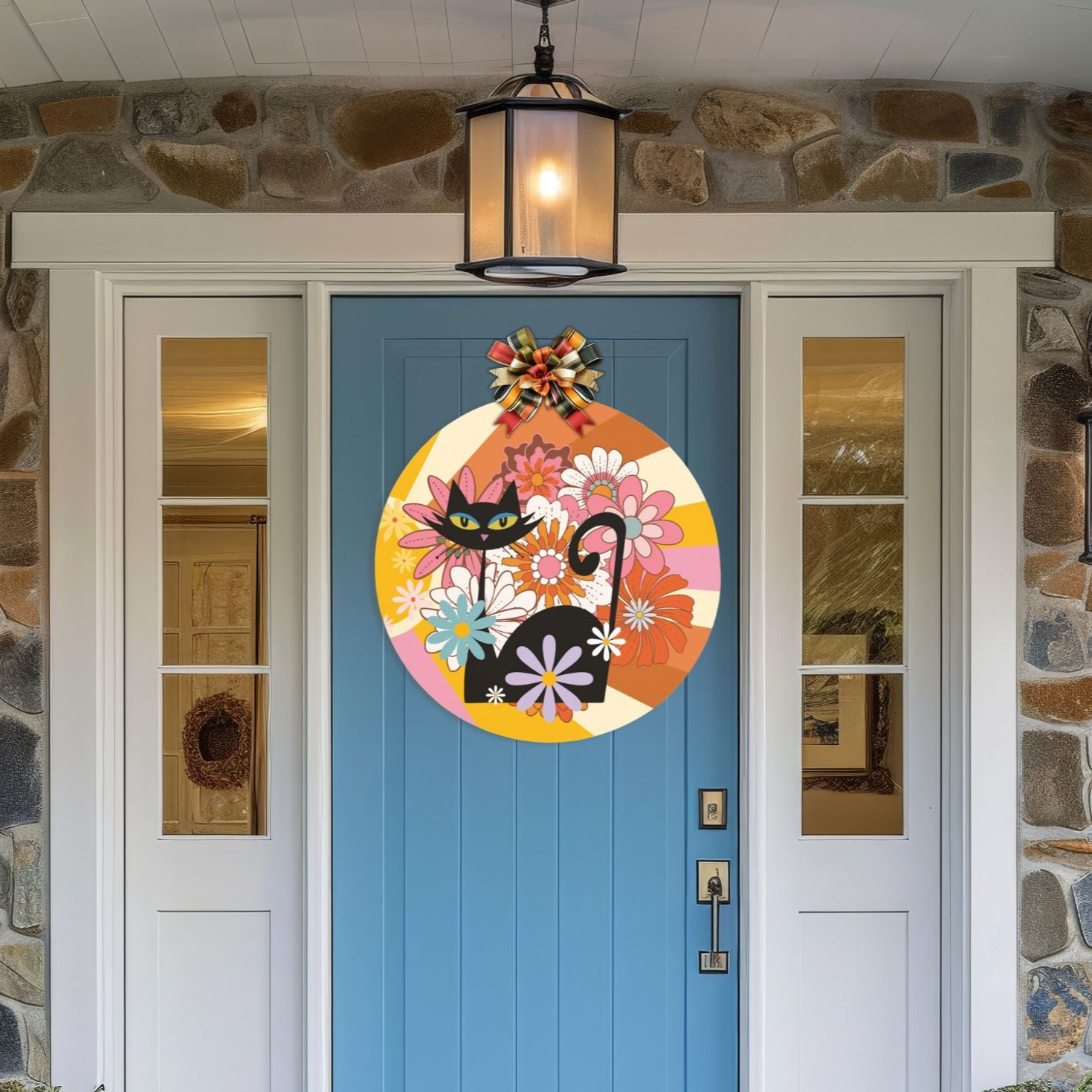 Atomic Cat Groovy Floral Door Sign, Retro 70s Mod Wood Hanger, Mid Century Flower Power Wall Decor