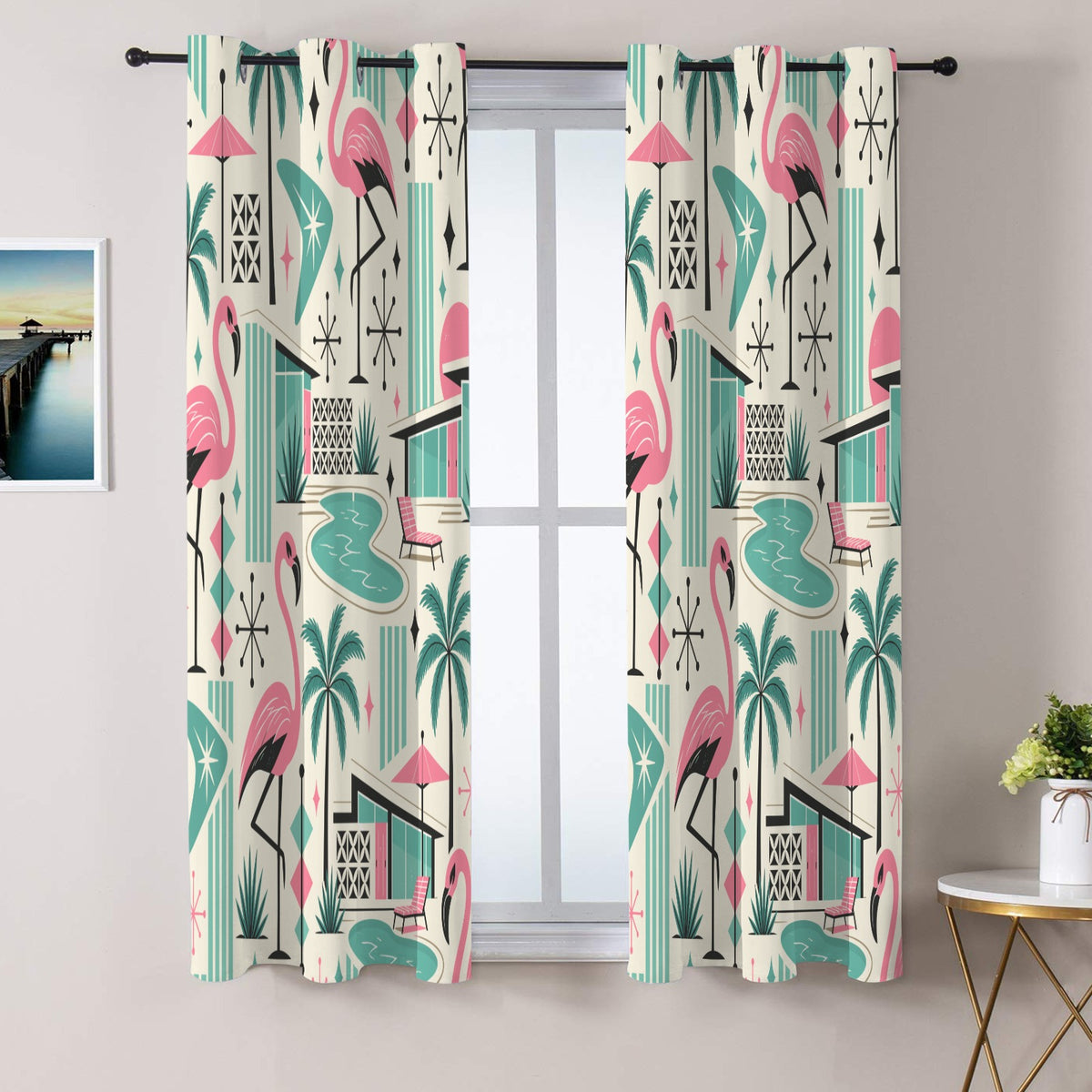 Palm Springs Flamingo Mid Century Modern Grommet Curtain Panels
