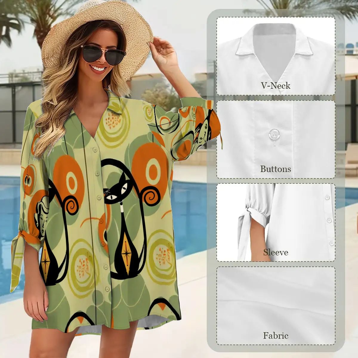 Atomic Cat 60s Mid Century Modern Retro Beach Cover Up Shirt