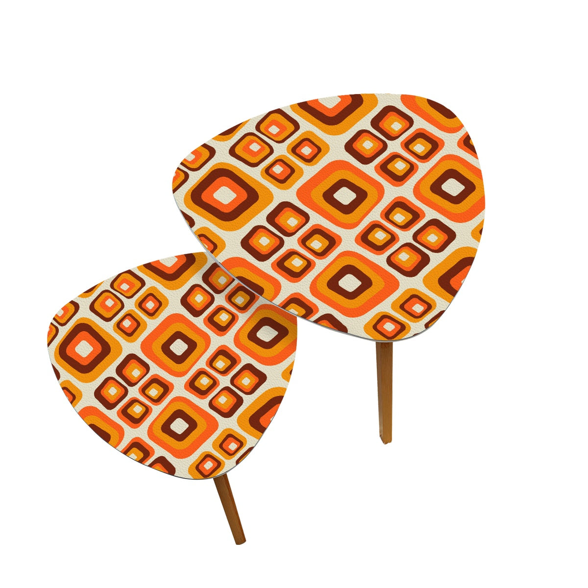 Retro Orange Brown Geometric Nesting Tables, Mid Century Modern Coffee Tables, 60s 70s Vintage Accent Furniture