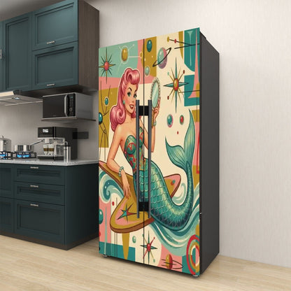 Kitschy 1950s Retro Mermaid Atomic Starburst Refrigerator Wrap