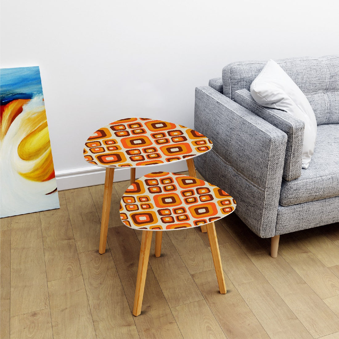 Retro Orange Brown Geometric Nesting Tables, Mid Century Modern Coffee Tables, 60s 70s Vintage Accent Furniture