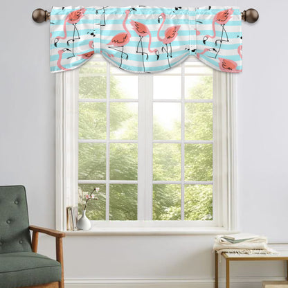 Retro Flamingo Tie-Up Valance, Mid Century Modern Tropical Teal Stripe, Fun 50s Pink Kitchen Curtain