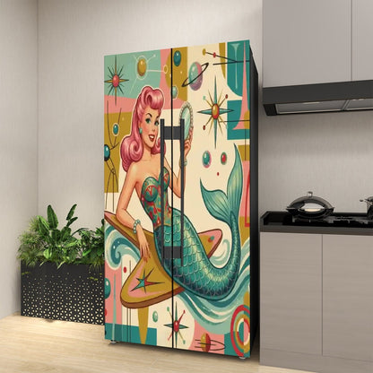 Kitschy 1950s Retro Mermaid Atomic Starburst Refrigerator Wrap