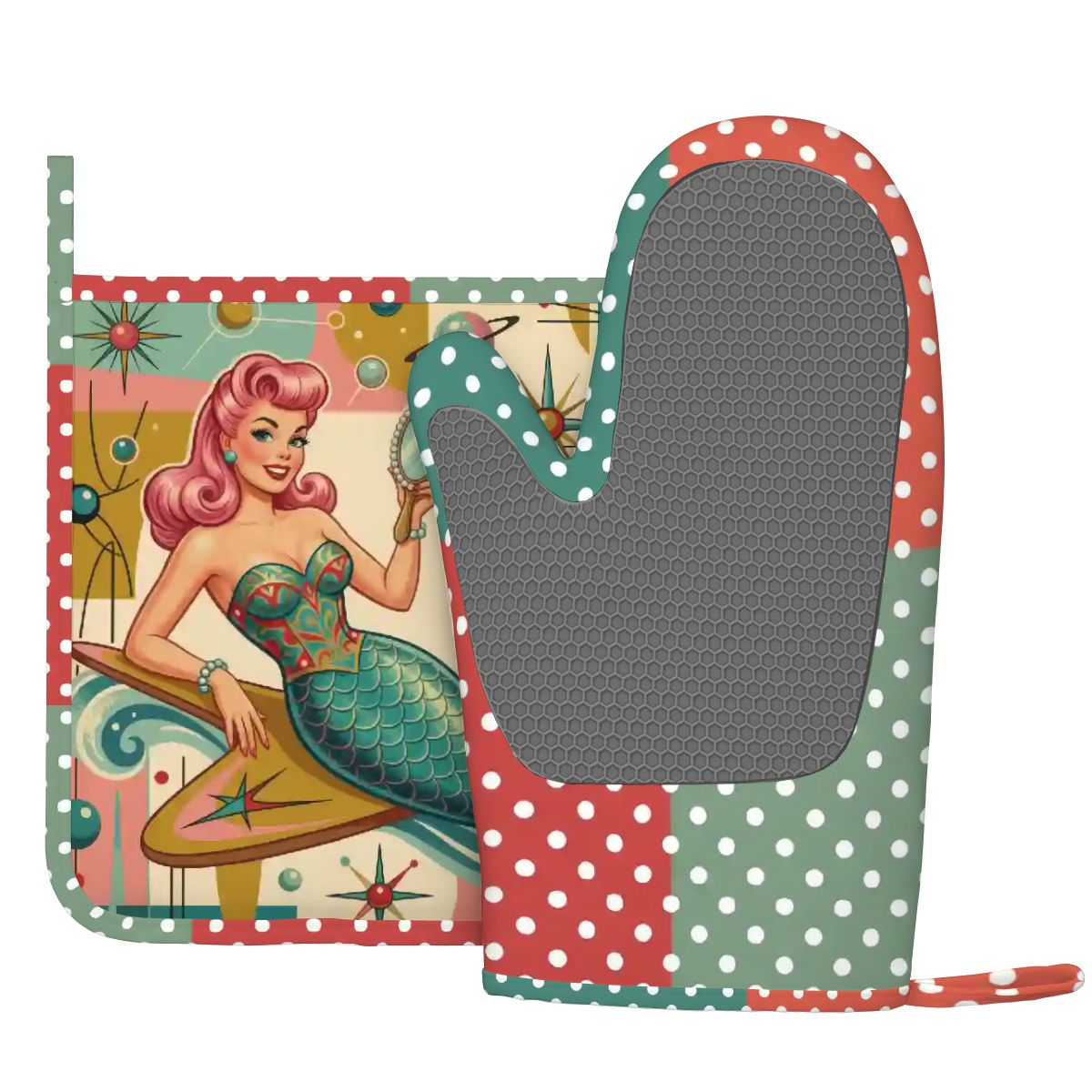 1950s Retro Mermaid Atomic Starburst Oven Mitt Pot Holder Set (Left)