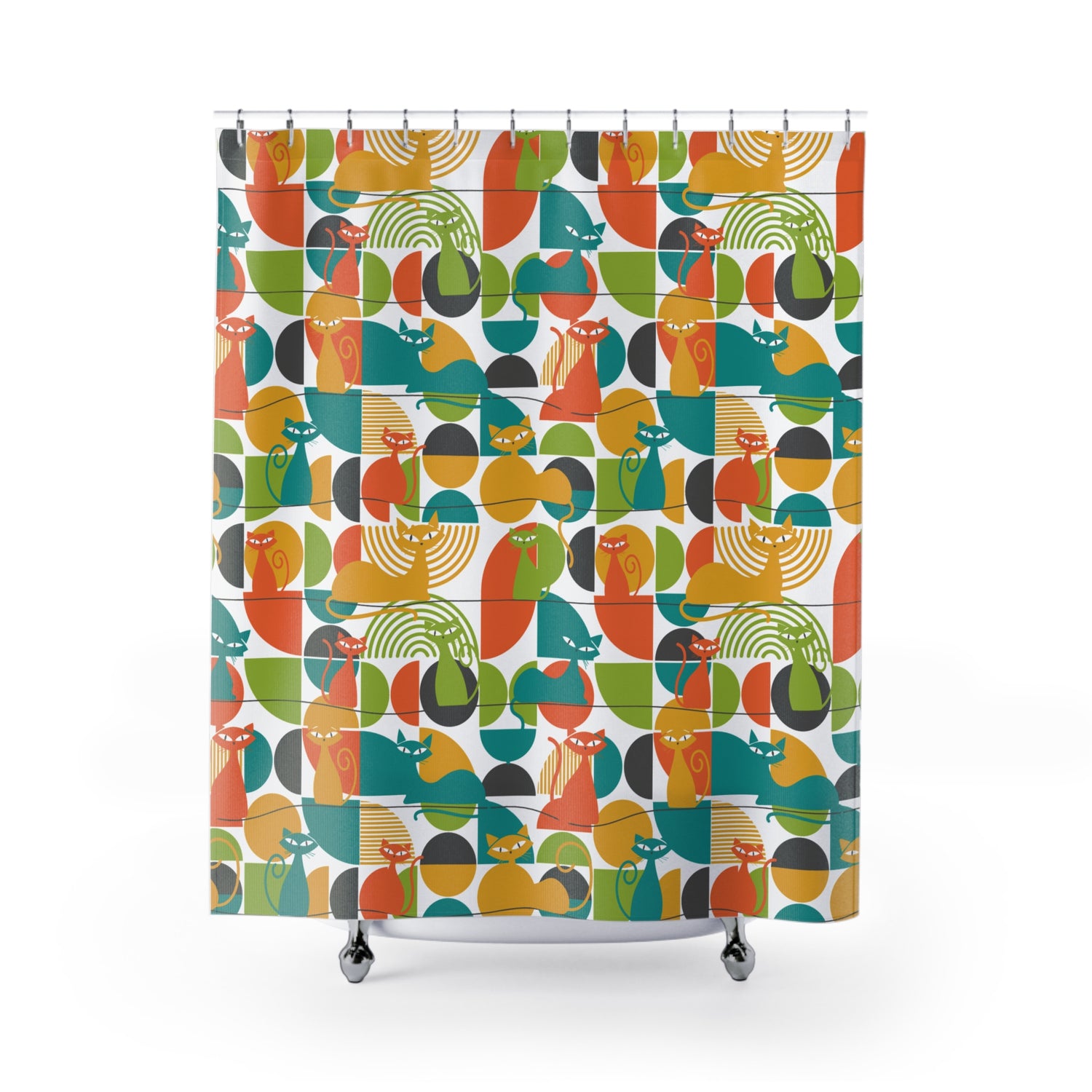 Atomic Cat Shower Curtain, Mid Century Modern Retro Bath Decor