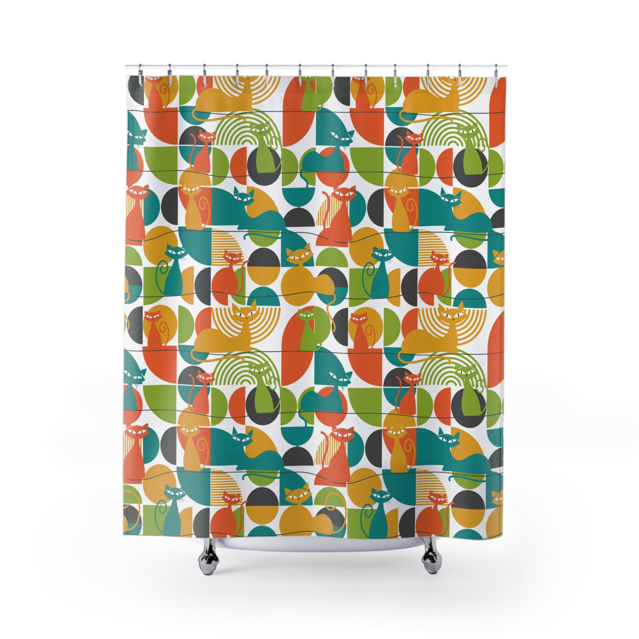 Atomic Cat Shower Curtain, Mid Century Modern Retro Bath Decor
