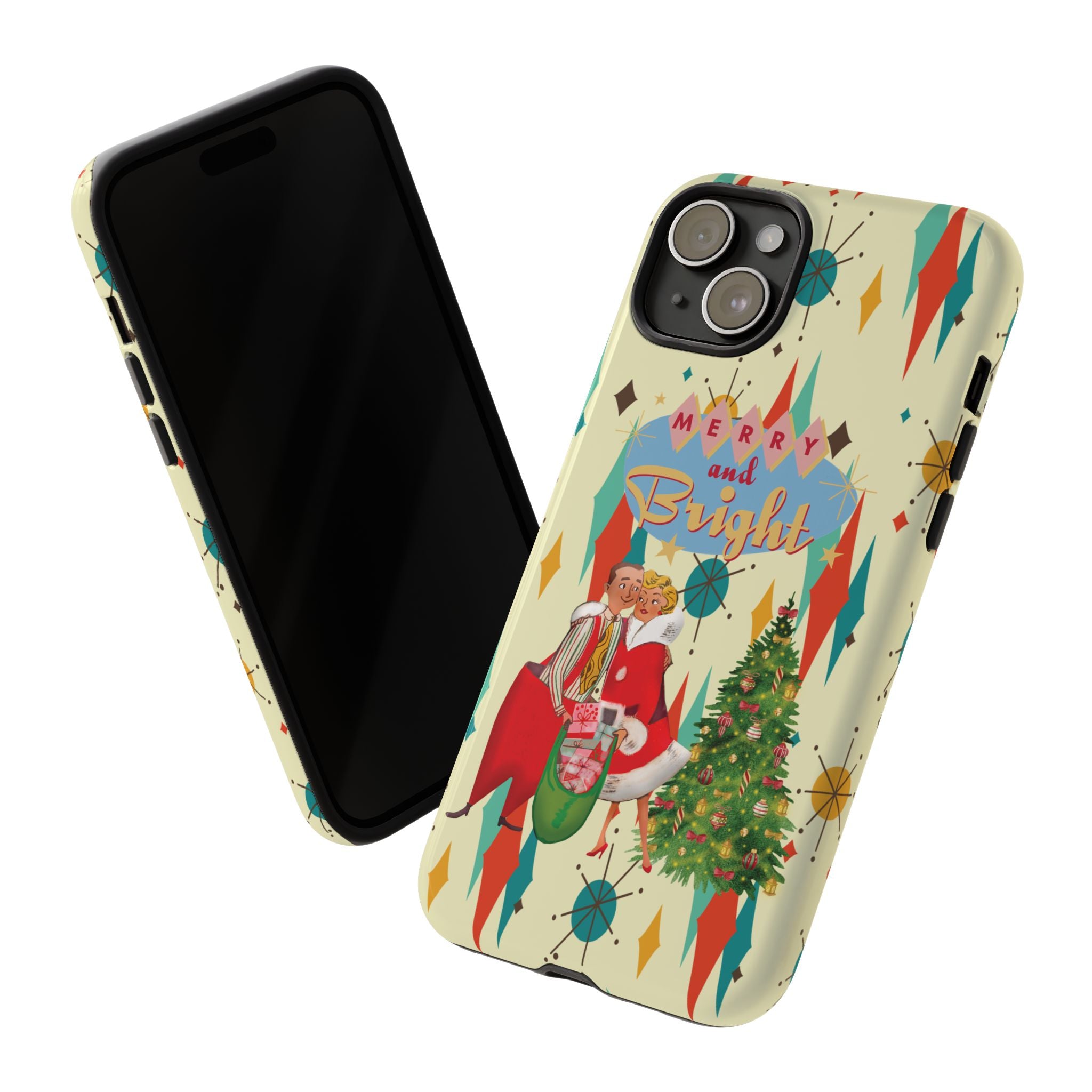 Merry and Bright Retro Christmas iPhone Case, 1950s Kitsch Mid Century Modern Holiday Cover, Atomic Starburst Vintage Phone Accessory