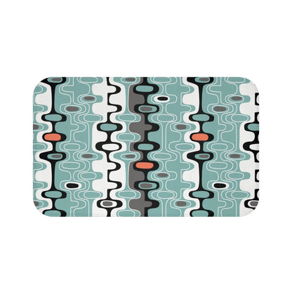 Mid Century Modern Retro Geometric Bath Mat, MCM Abstract Oval Bathroom Rug, Aqua Orange Gray Accent Mat