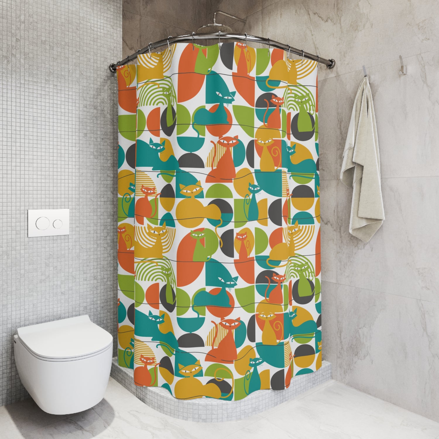 Atomic Cat Shower Curtain, Mid Century Modern Retro Bath Decor
