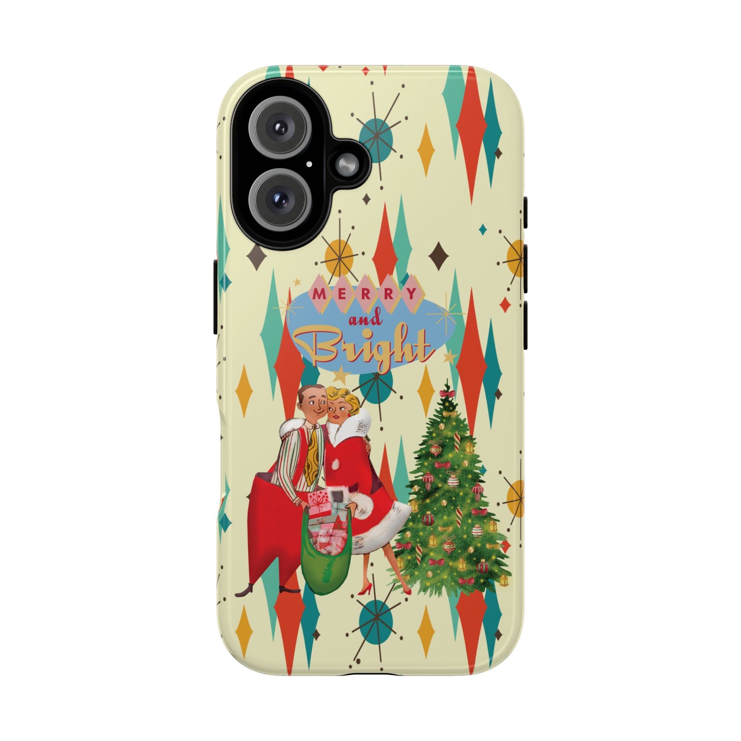 Merry and Bright Retro Christmas iPhone Case, 1950s Kitsch Mid Century Modern Holiday Cover, Atomic Starburst Vintage Phone Accessory